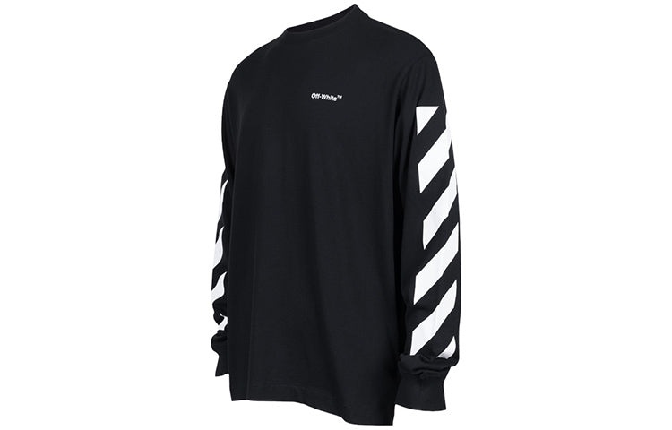 Men's OFF-WHITE SS22 Diag Alphabet Stripe Pattern Pullover Long Sleeves Loose Fit Black T-Shirt OMAB - 3