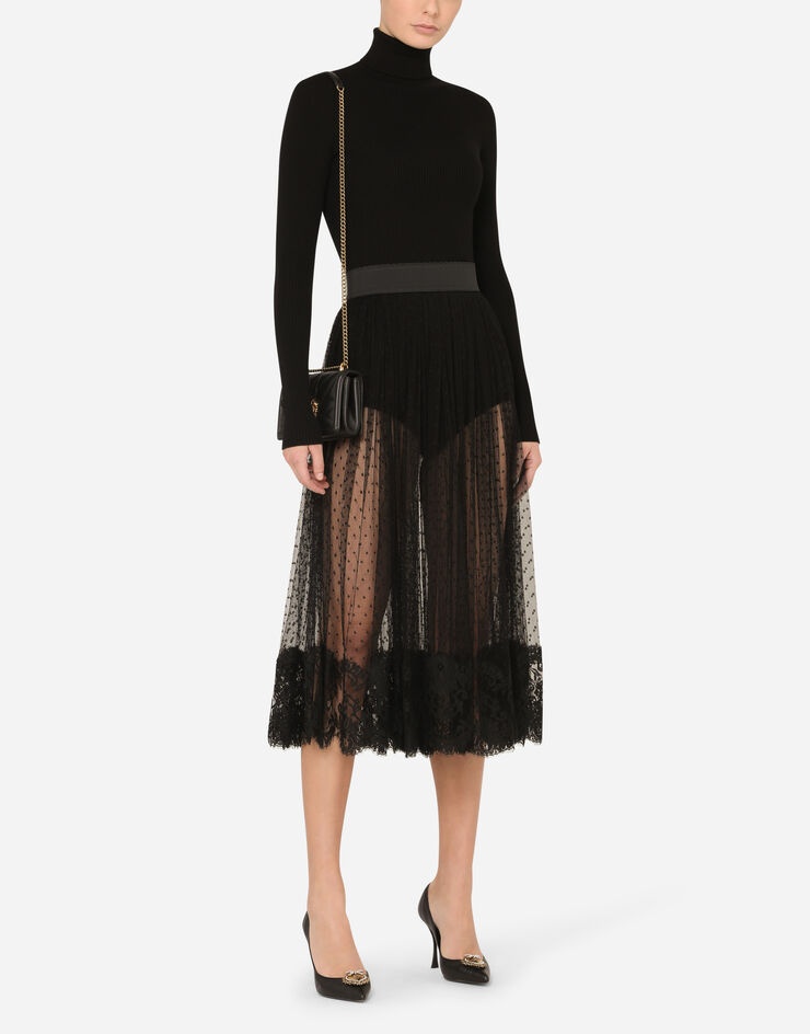 Pleated calf-length skirt in chantilly lace and plumetis - 6