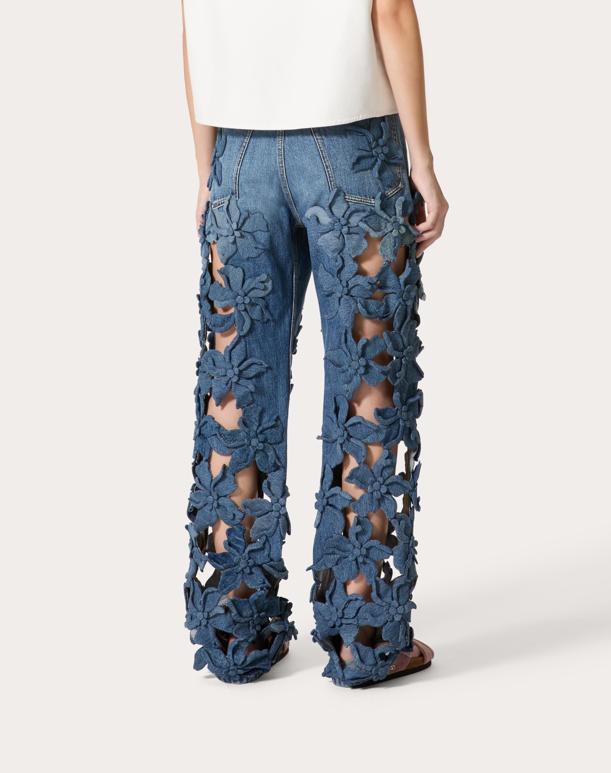 EMBROIDERED MEDIUM BLUE DENIM PANTS - 4