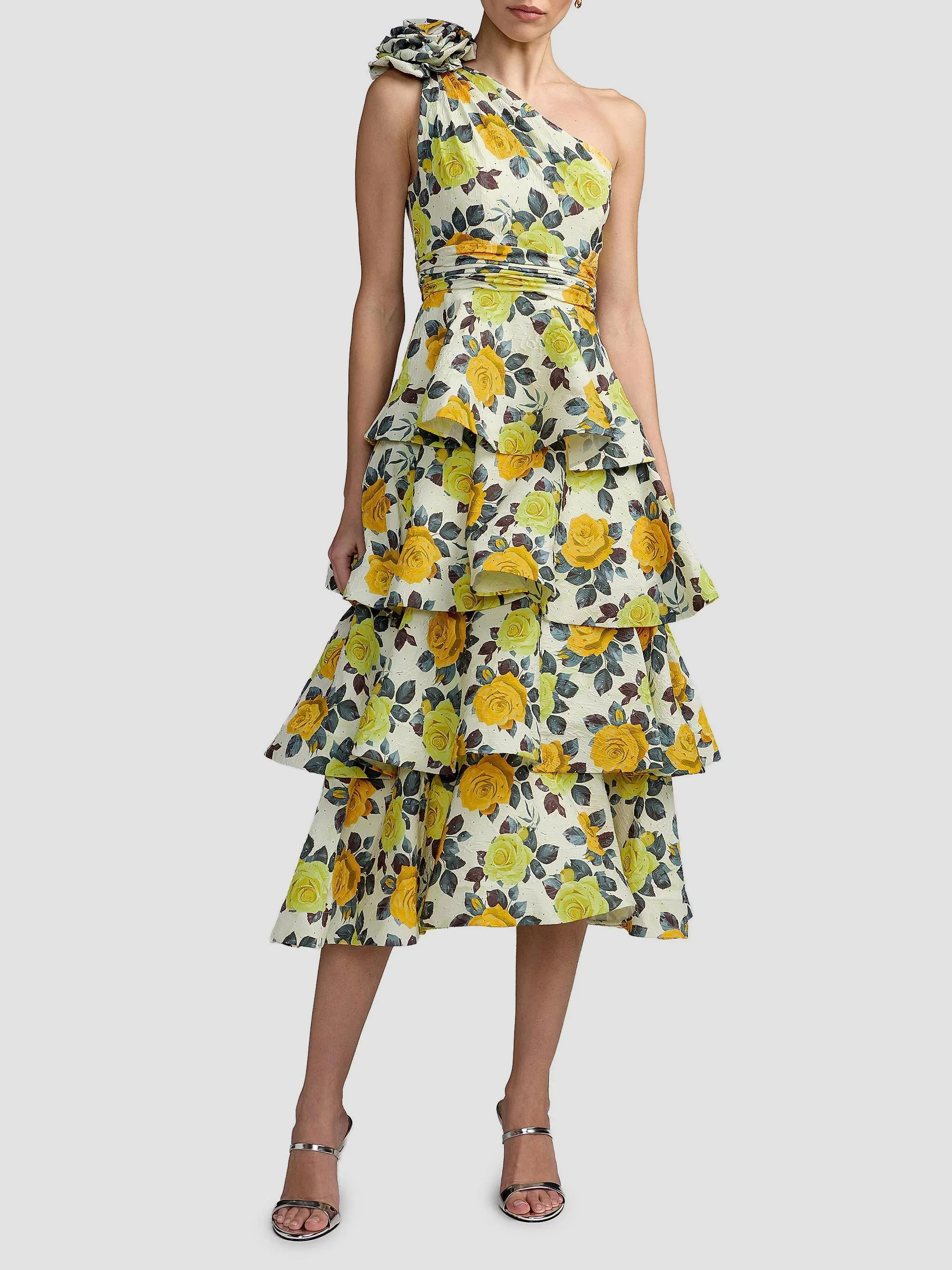 Women's Tiered Floral Charmeuse One-Shoulder Midi-Dress - Yellow Rose - 1