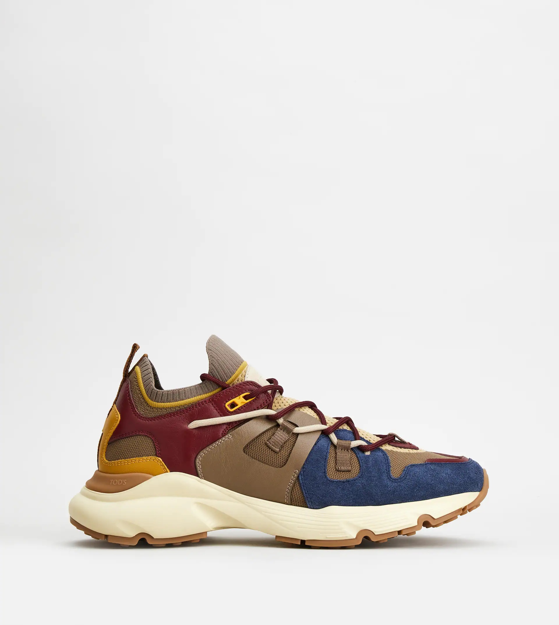 LEATHER AND TECHNICAL FABRIC SNEAKERS - BROWN, BURGUNDY, YELLOW - 1