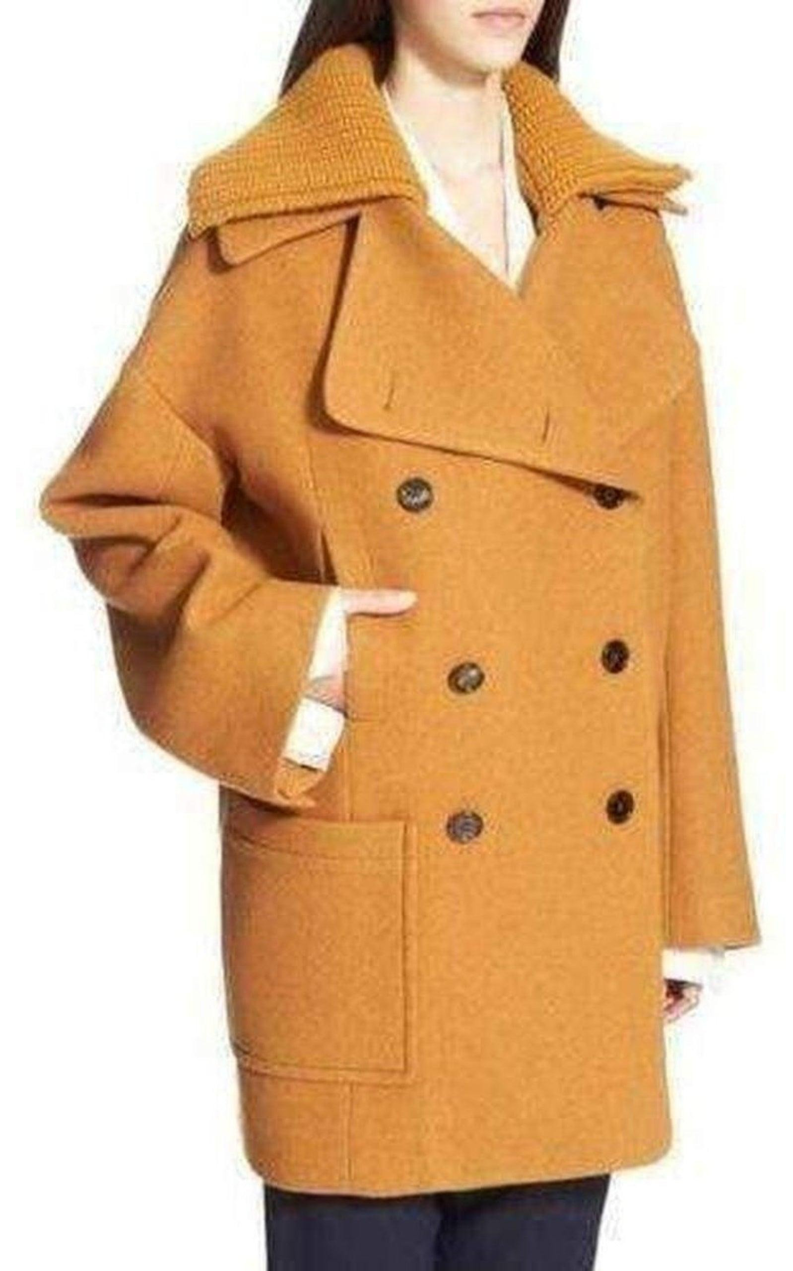 Rib Knit Collar Double Breasted Wool Coat - 2