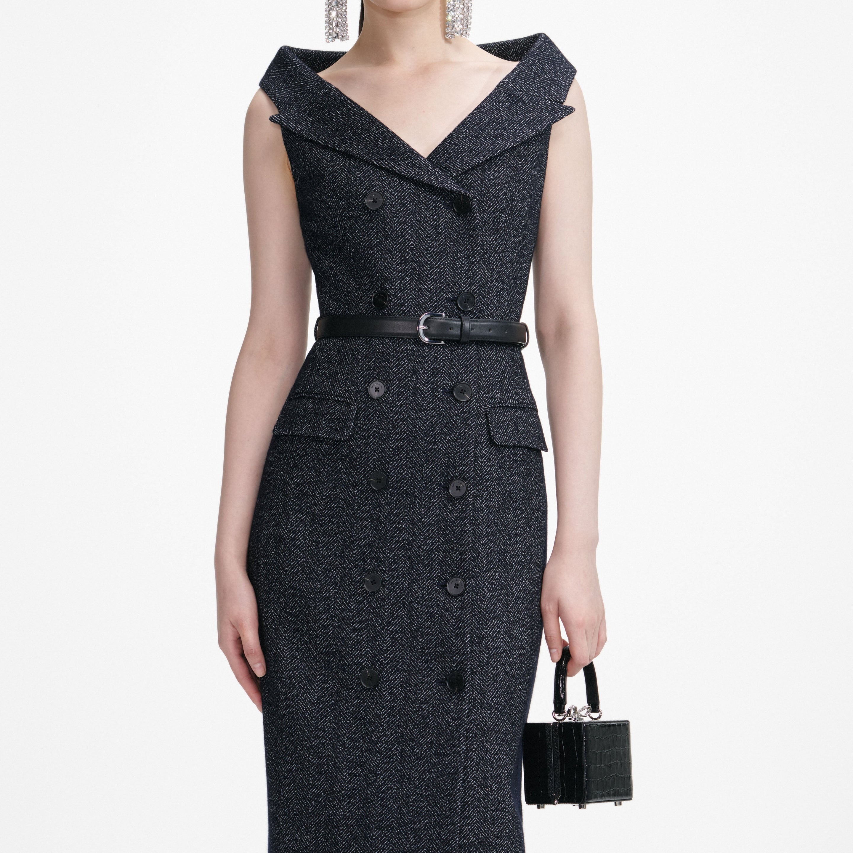Navy Herringbone Wool Midi Dress - 4
