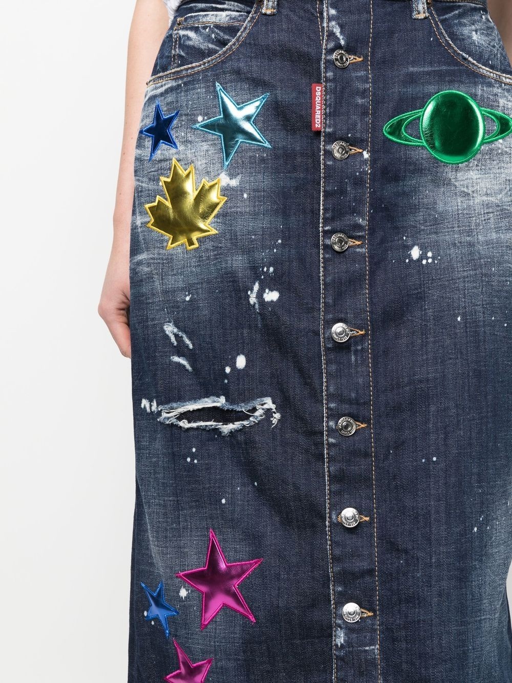distressed patch-detail denim skirt - 5
