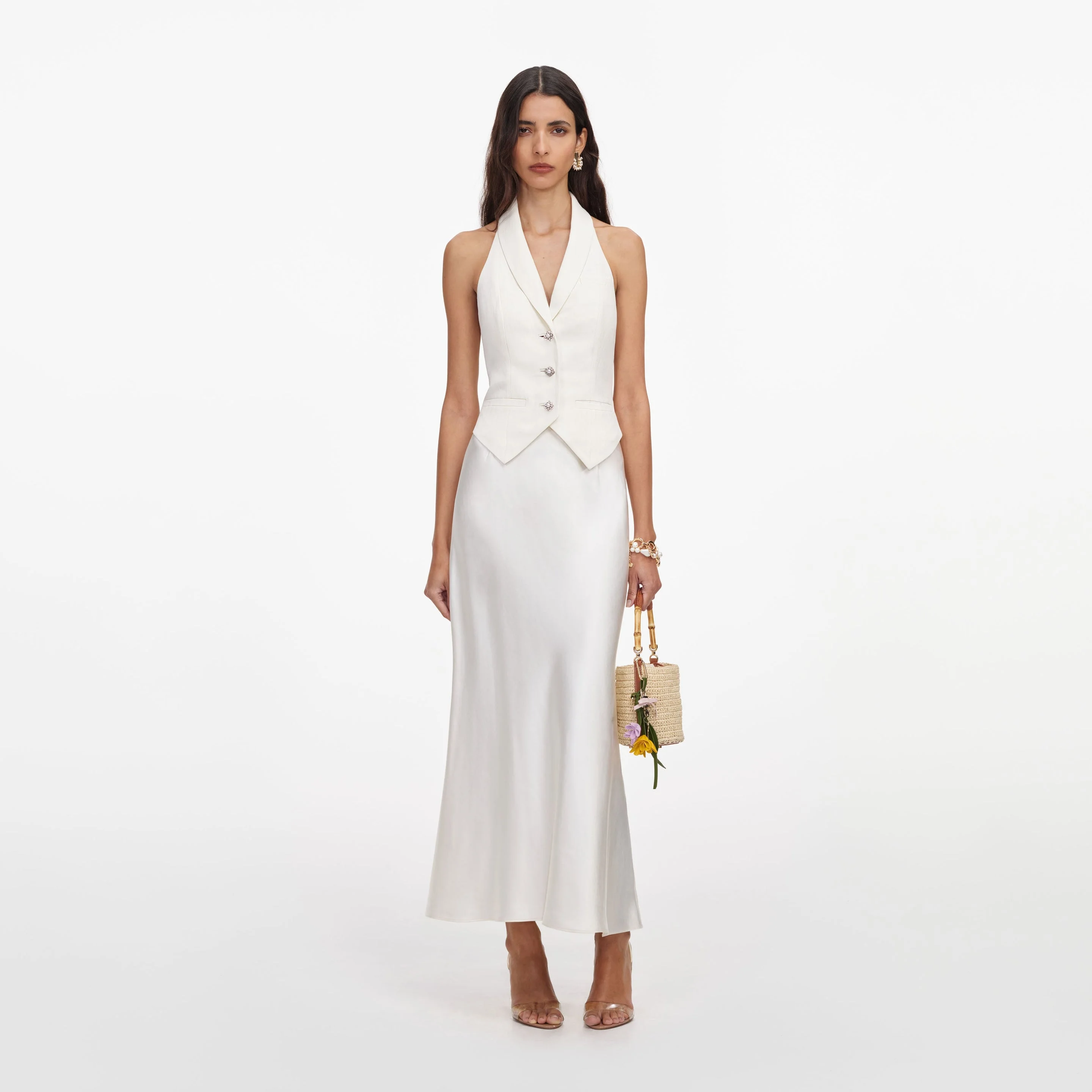 Cream Linen Blend Satin Midi Dress - 1