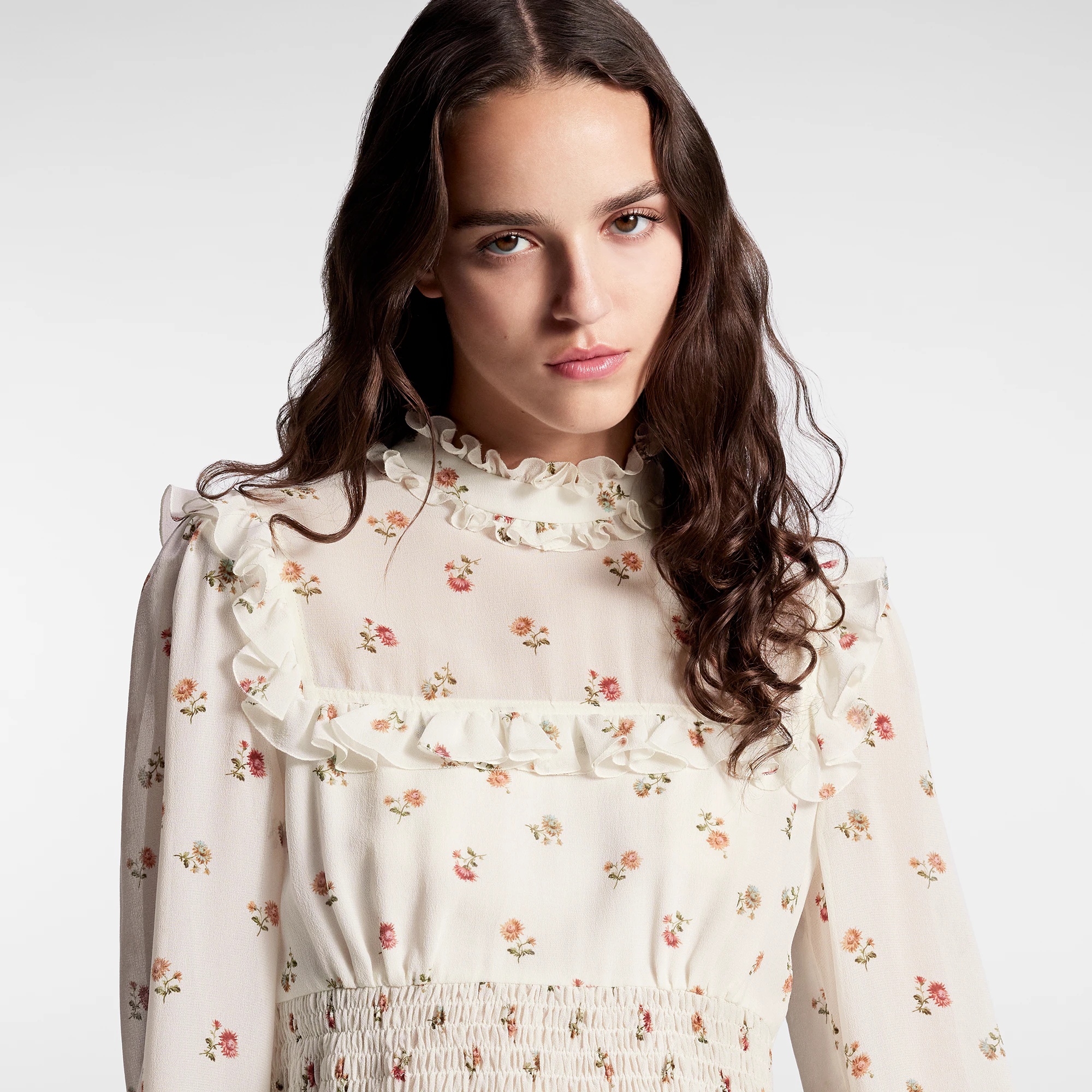 Floral Print Ruffle Trim Blouse - 2