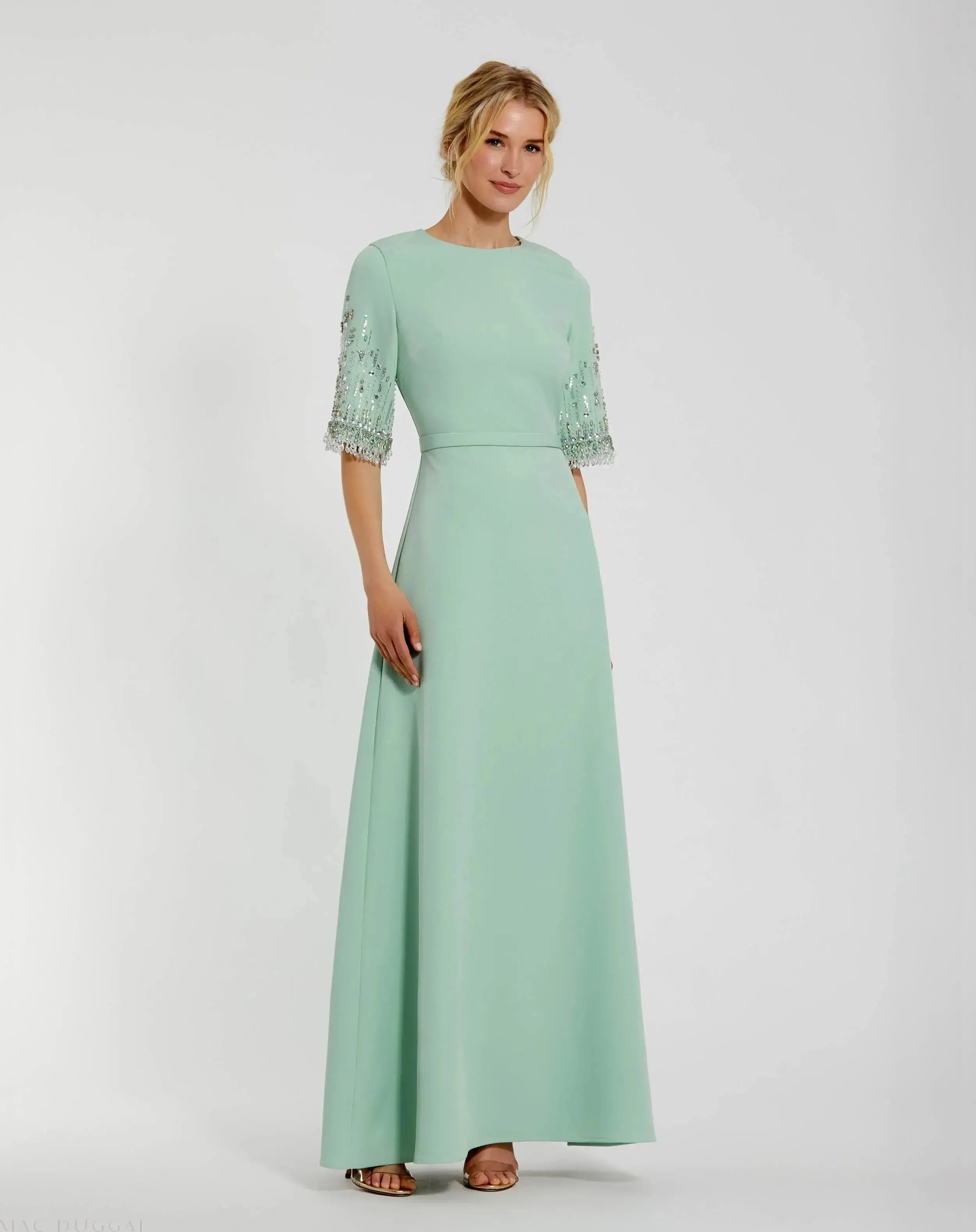 Green Crepe A Line Gown With Beaded 3/4 Sleeves - 1