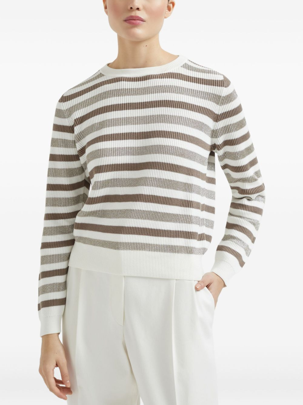 Brunello Cucinelli Women Striped Cotton Crewneck Sweater - 3