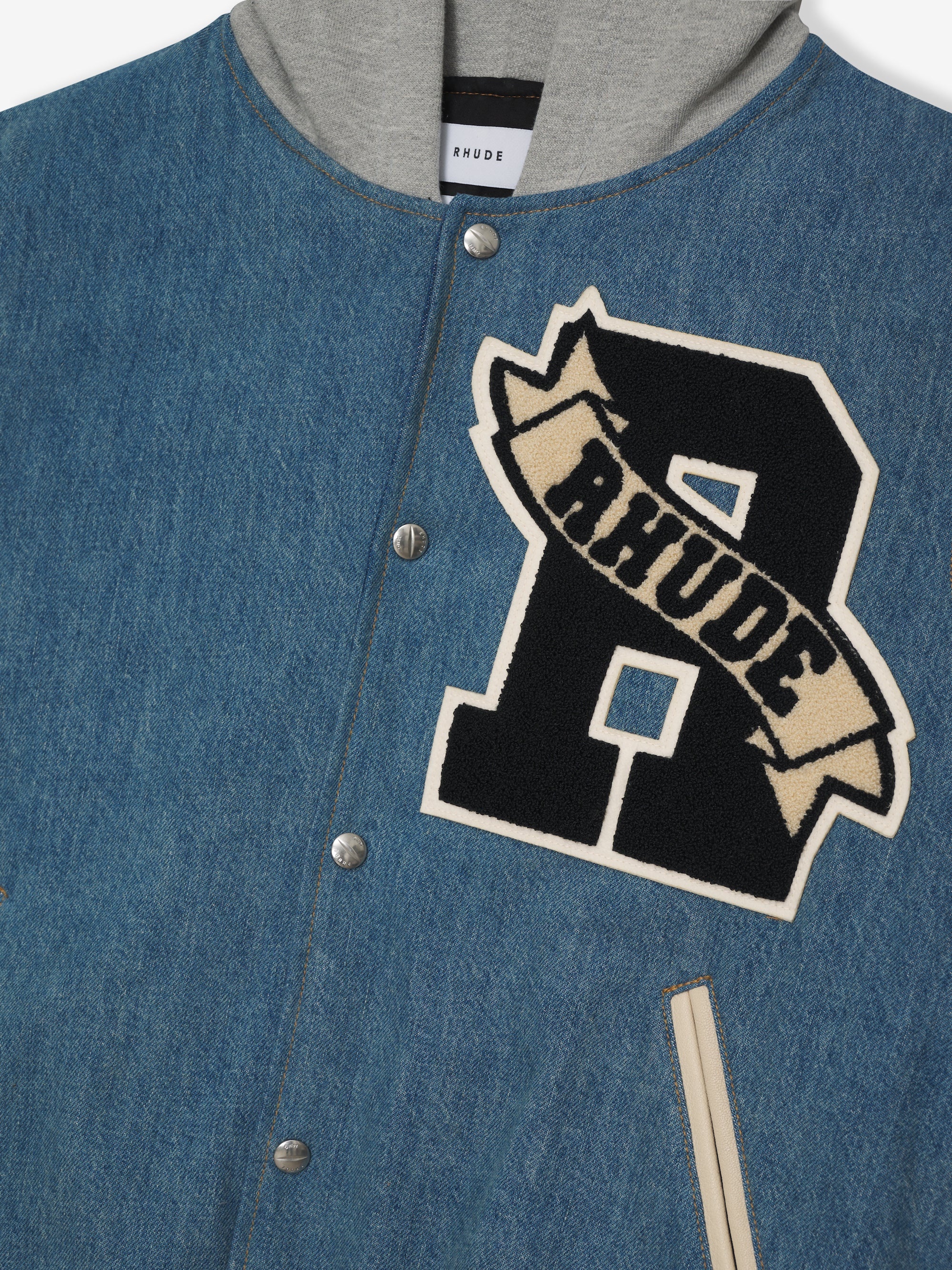 WASHED DENIM HOODED VARSITY JACKET - 2