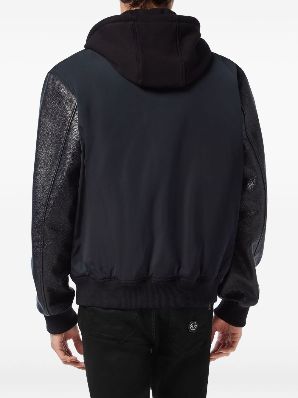 leather-sleeve hooded bomber jacket - 3