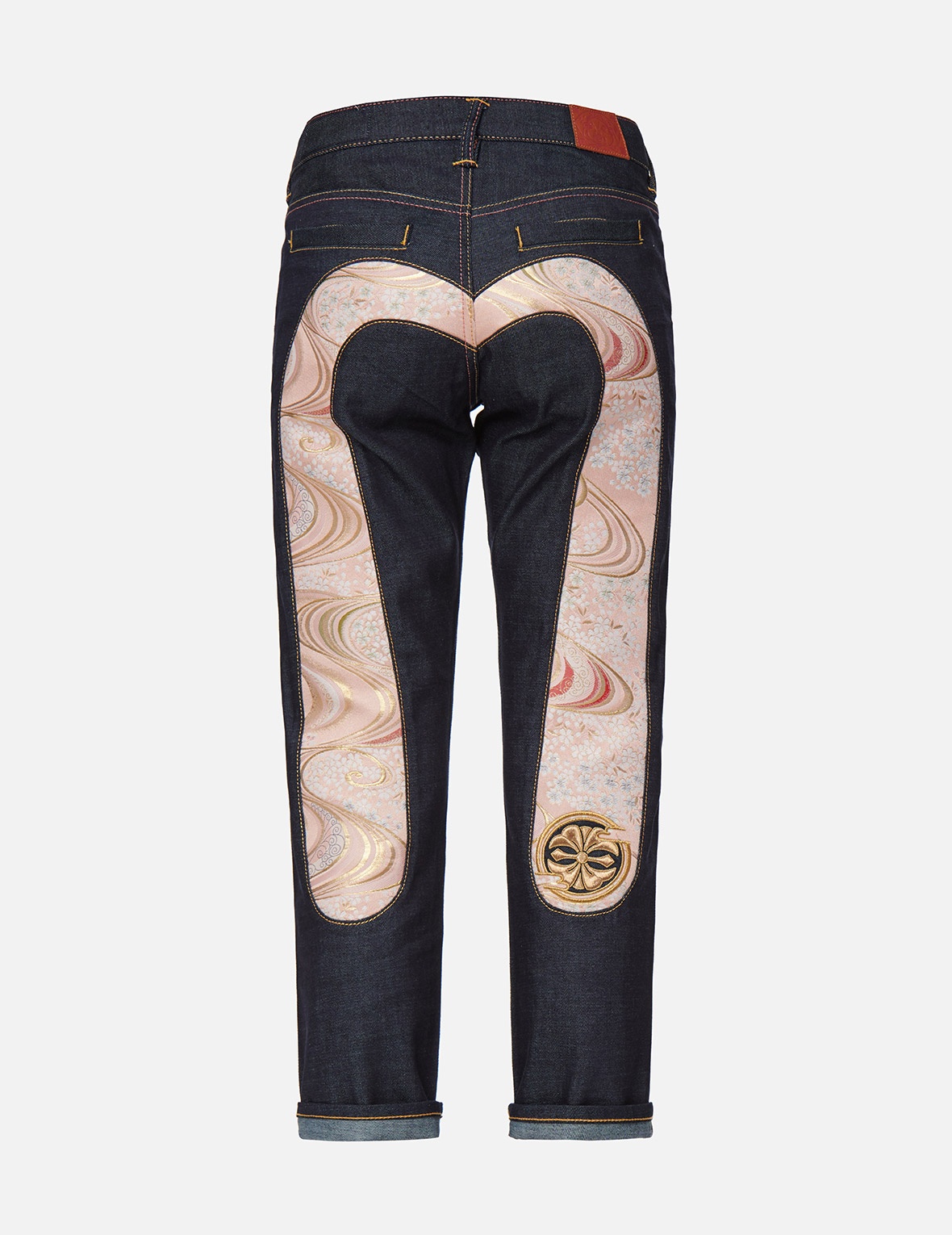 SAKURA-PATTERN BROCADE DAICOCK INSERT BOYFRIEND JEANS - 1