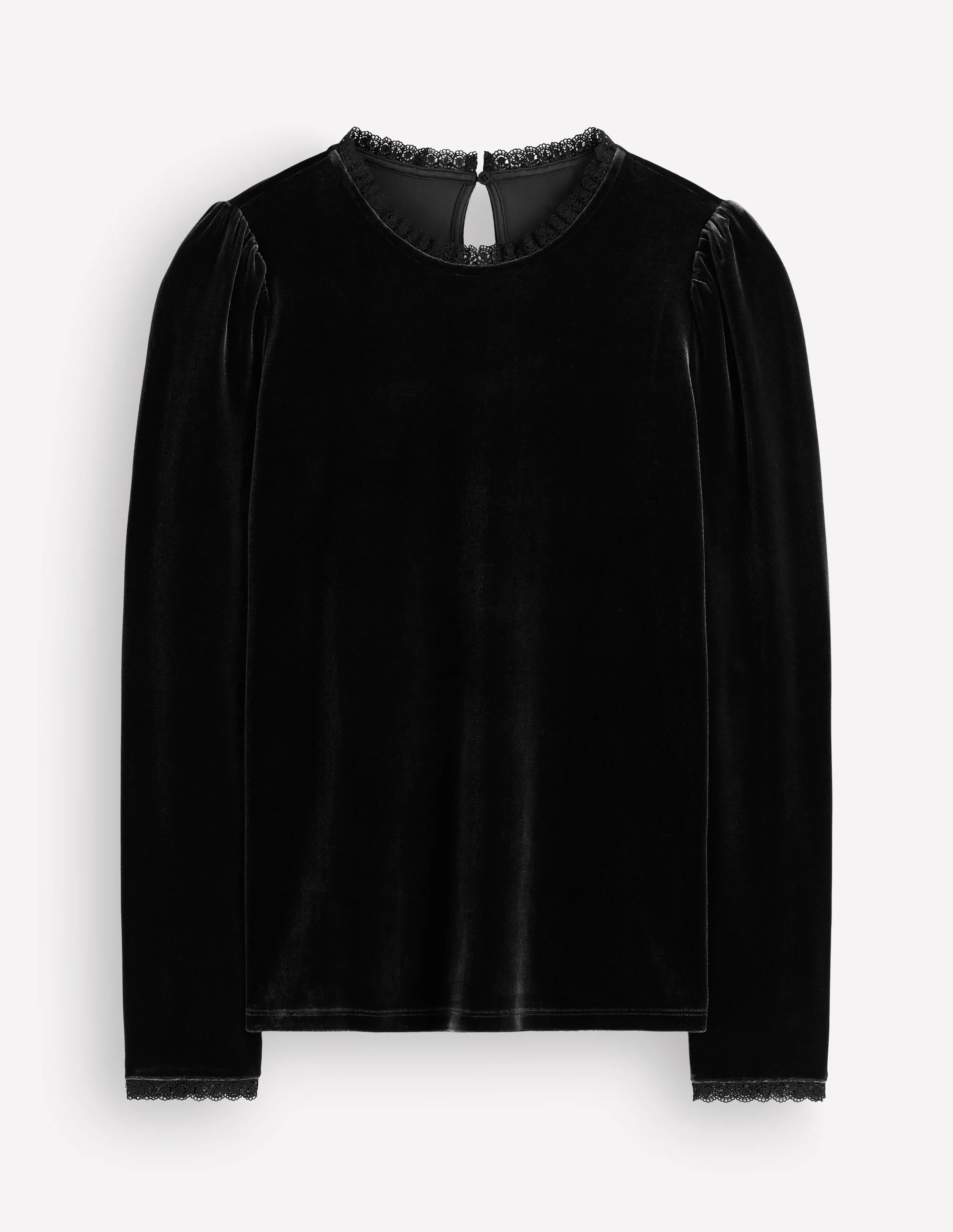 Lace Trim Velvet Top-Black - 1