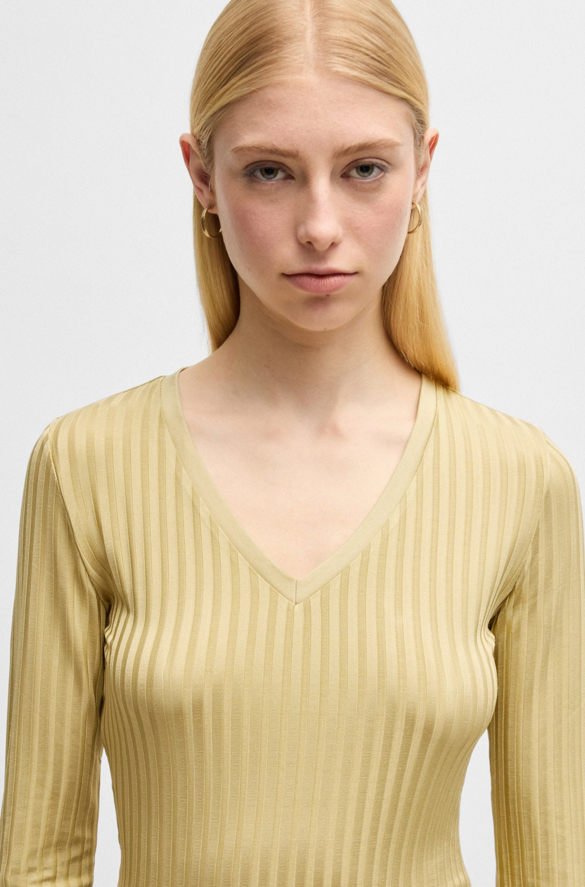 LONG-SLEEVED V-NECK TOP IN LUSTROUS RIBBED JERSEY - 5