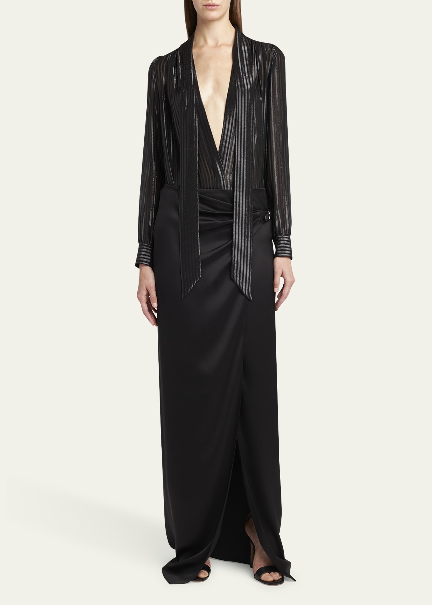 Metallic Striped Lavalliere Plunging Blouse - 2