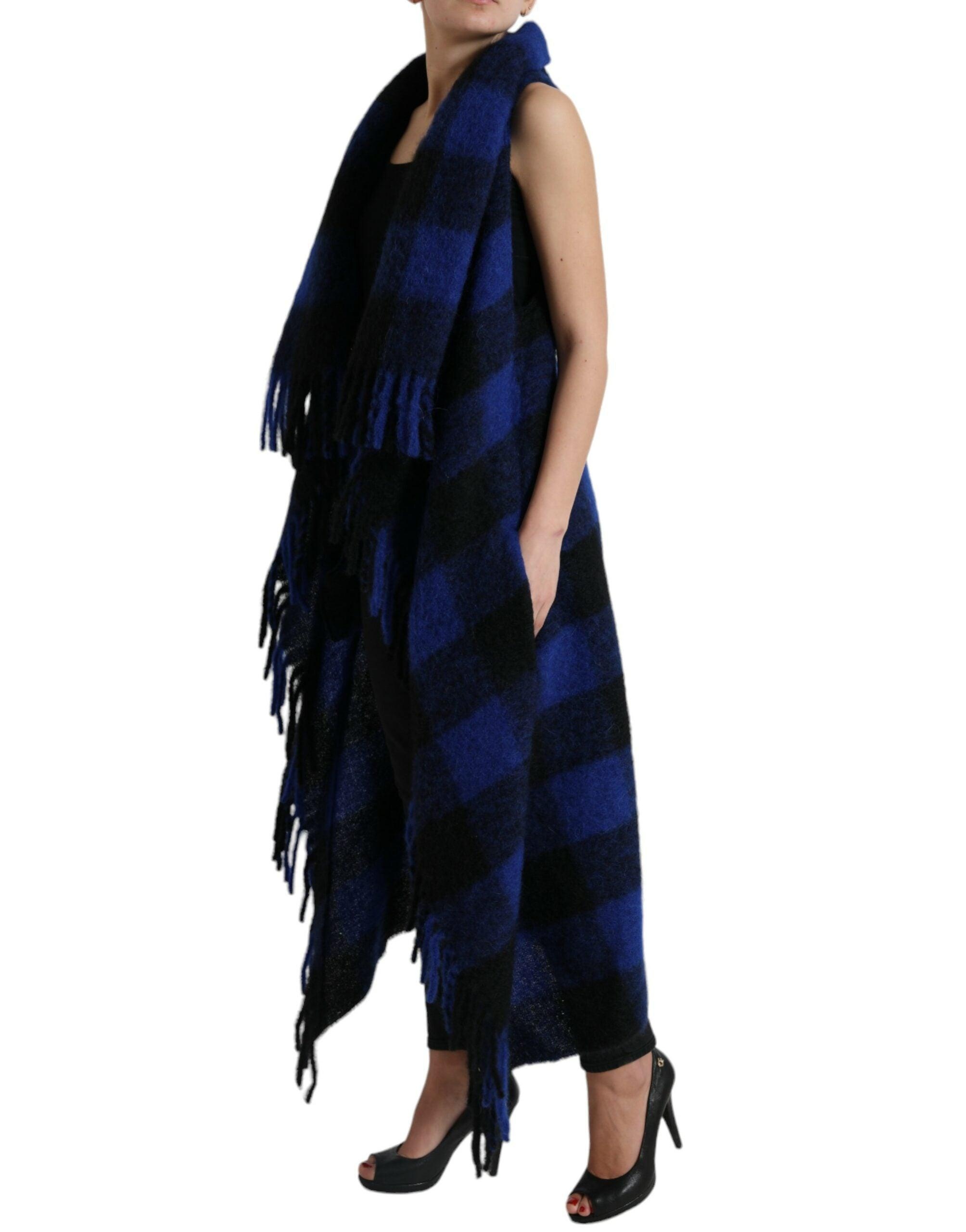 Dolce & Gabbana Black Blue Buffalo Check Poncho Coat Sweater - 2