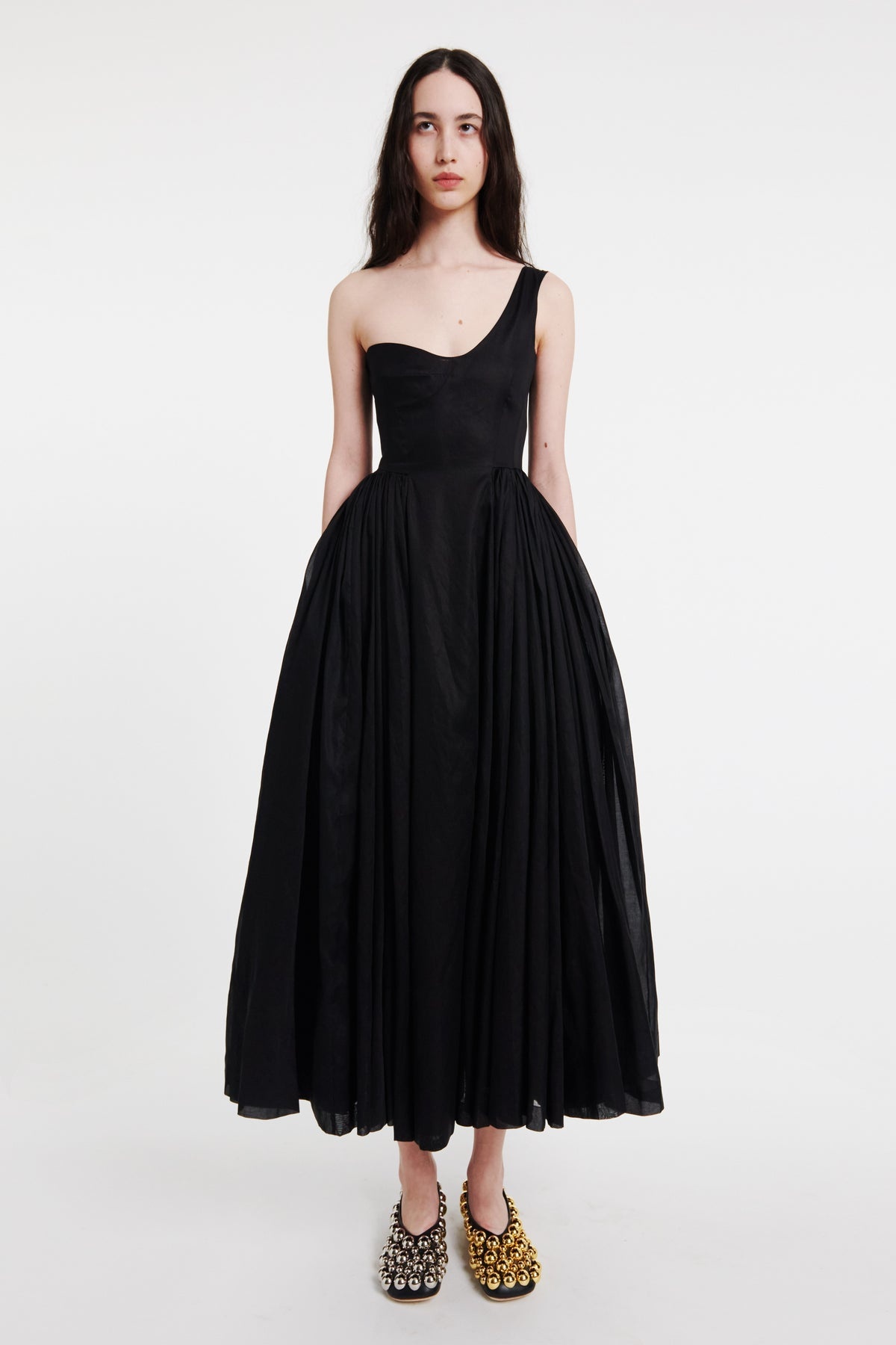 ASYMMETRIC OFF-SHOULDER DRESS WITH GATHERED SKIRT BLACK - 1