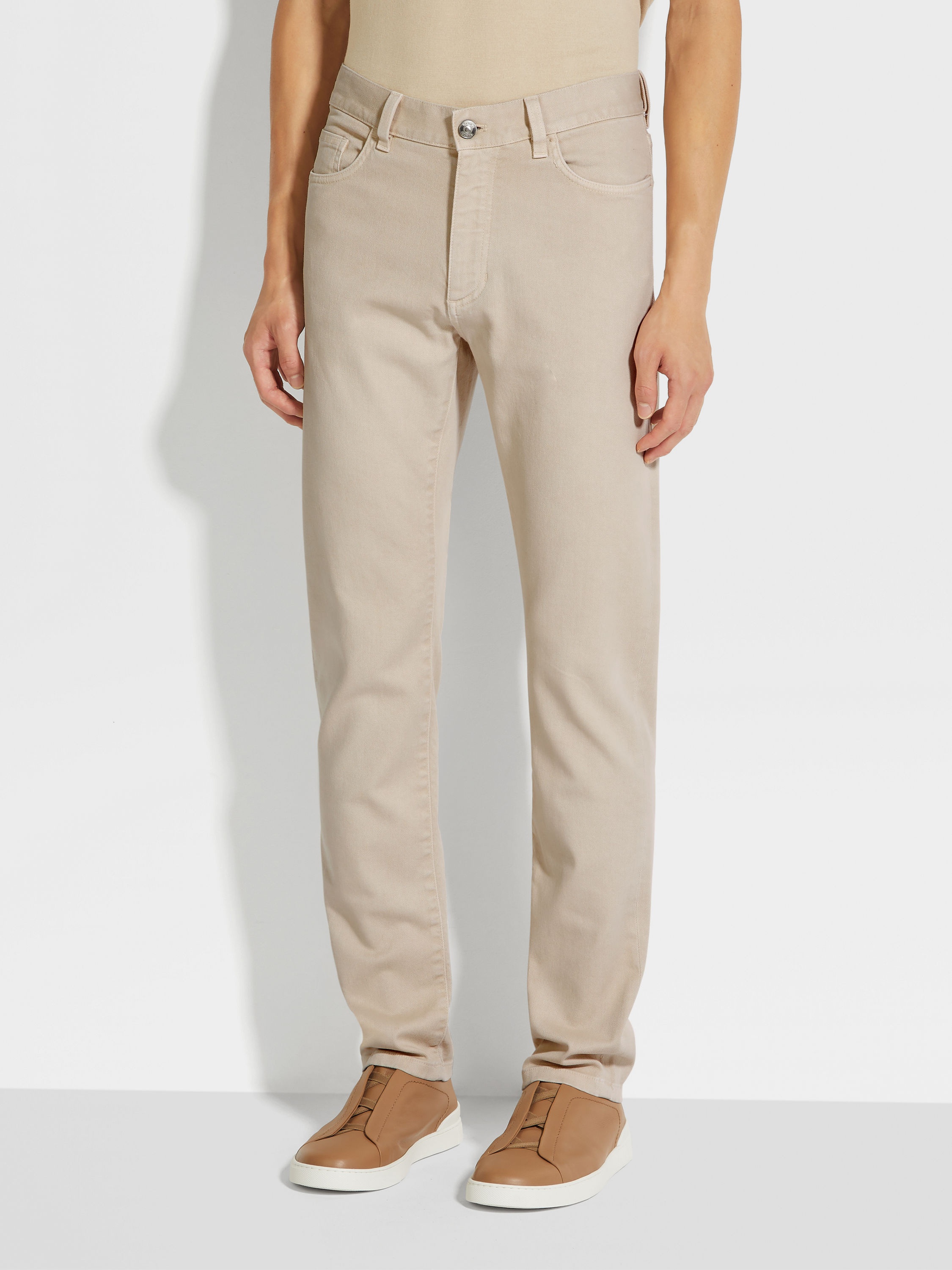 LIGHT BEIGE STRETCH COTTON ROCCIA JEANS - 4