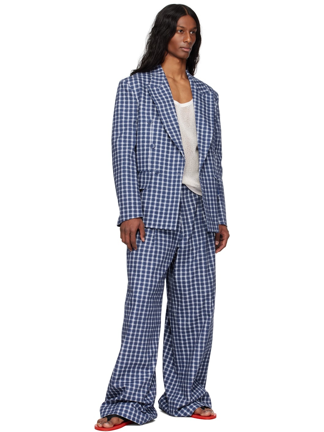 Navy & White Check Double-Breasted Blazer - 4