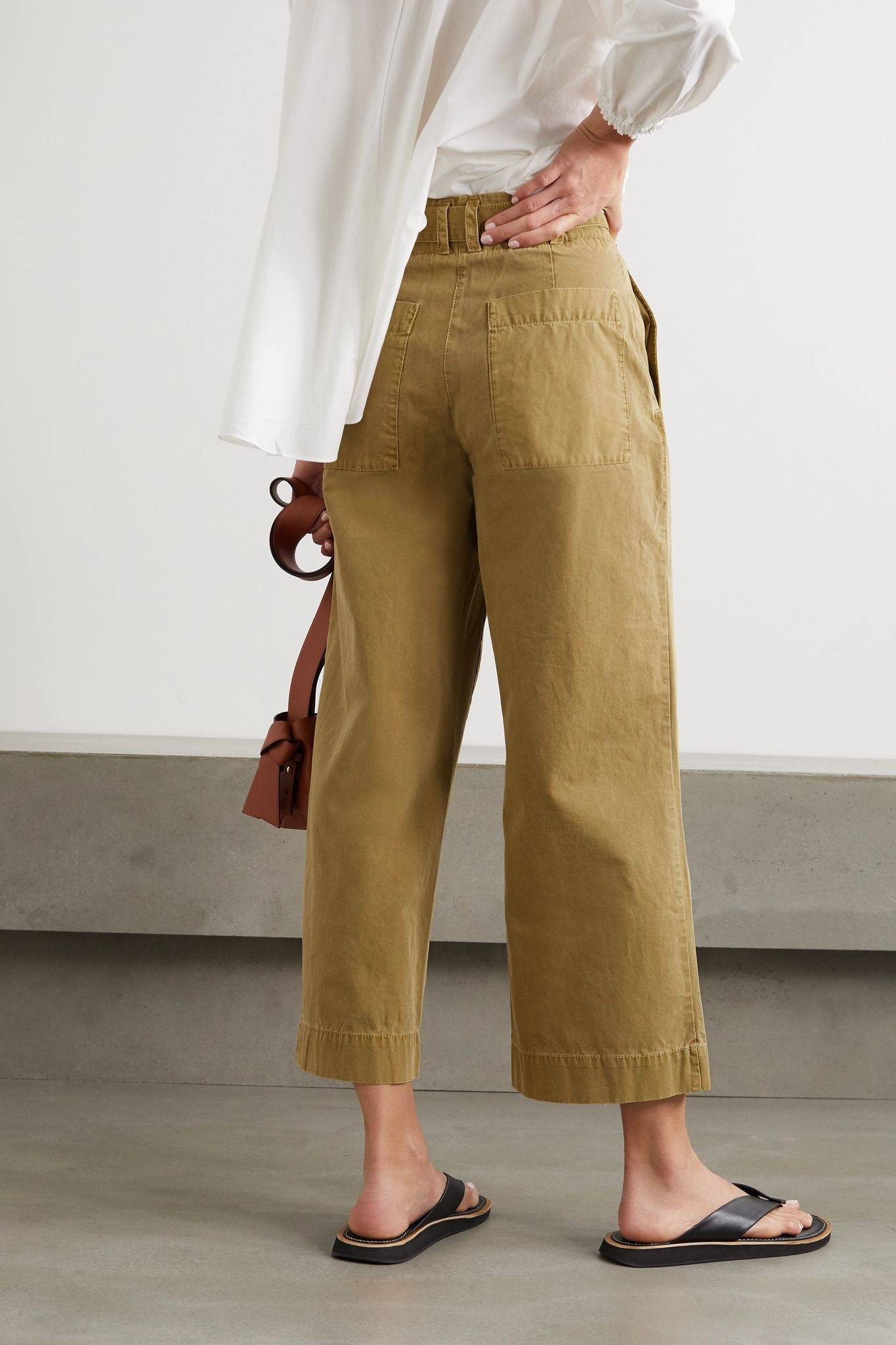 Belted washed cotton-canvas wide-leg pants - 4