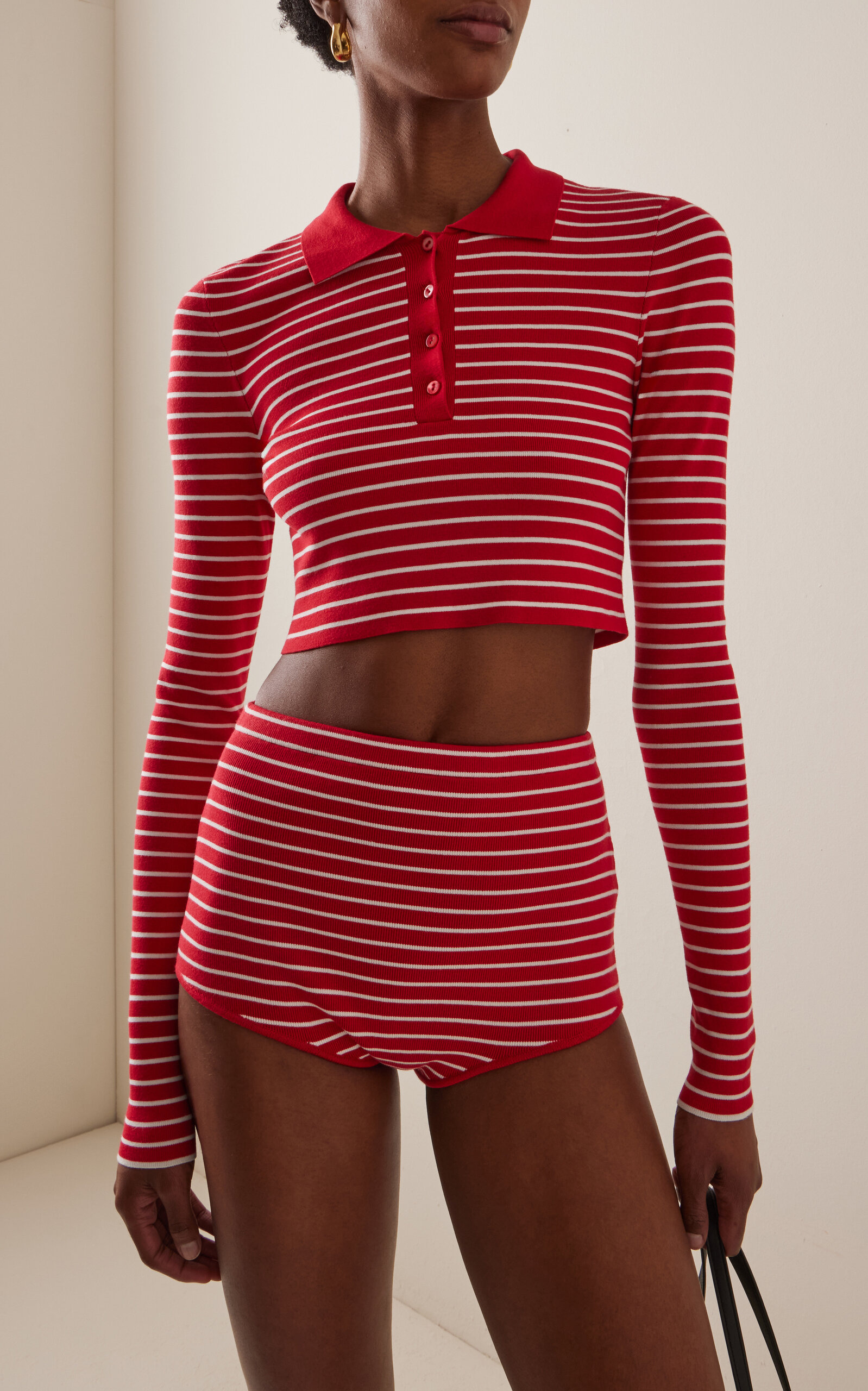 Exclusive Riviera Gisele Cropped Striped Knit Polo Shirt stripe - 2