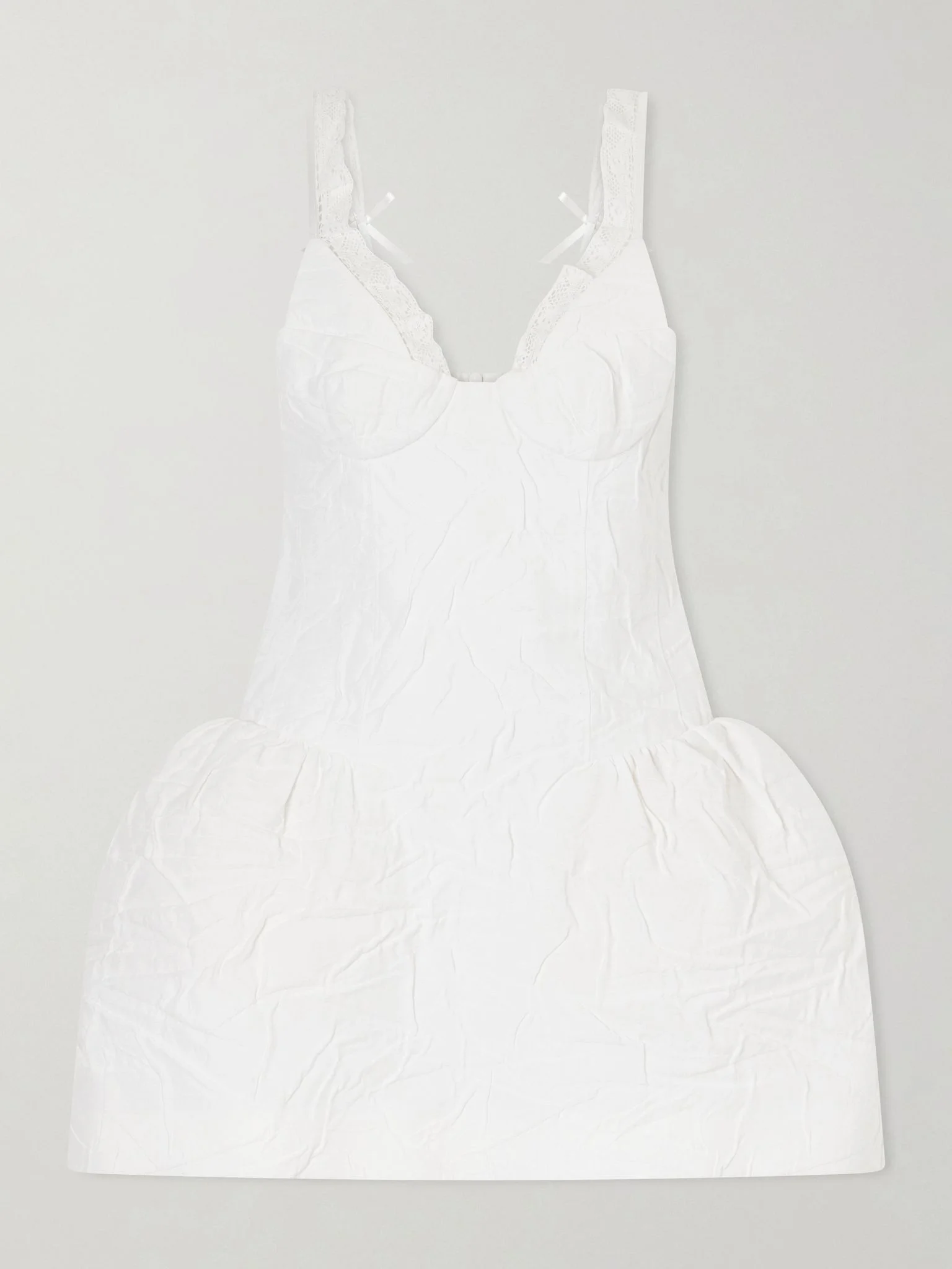 Lace-trimmed crinkled cotton-blend bustier mini dress White - 1