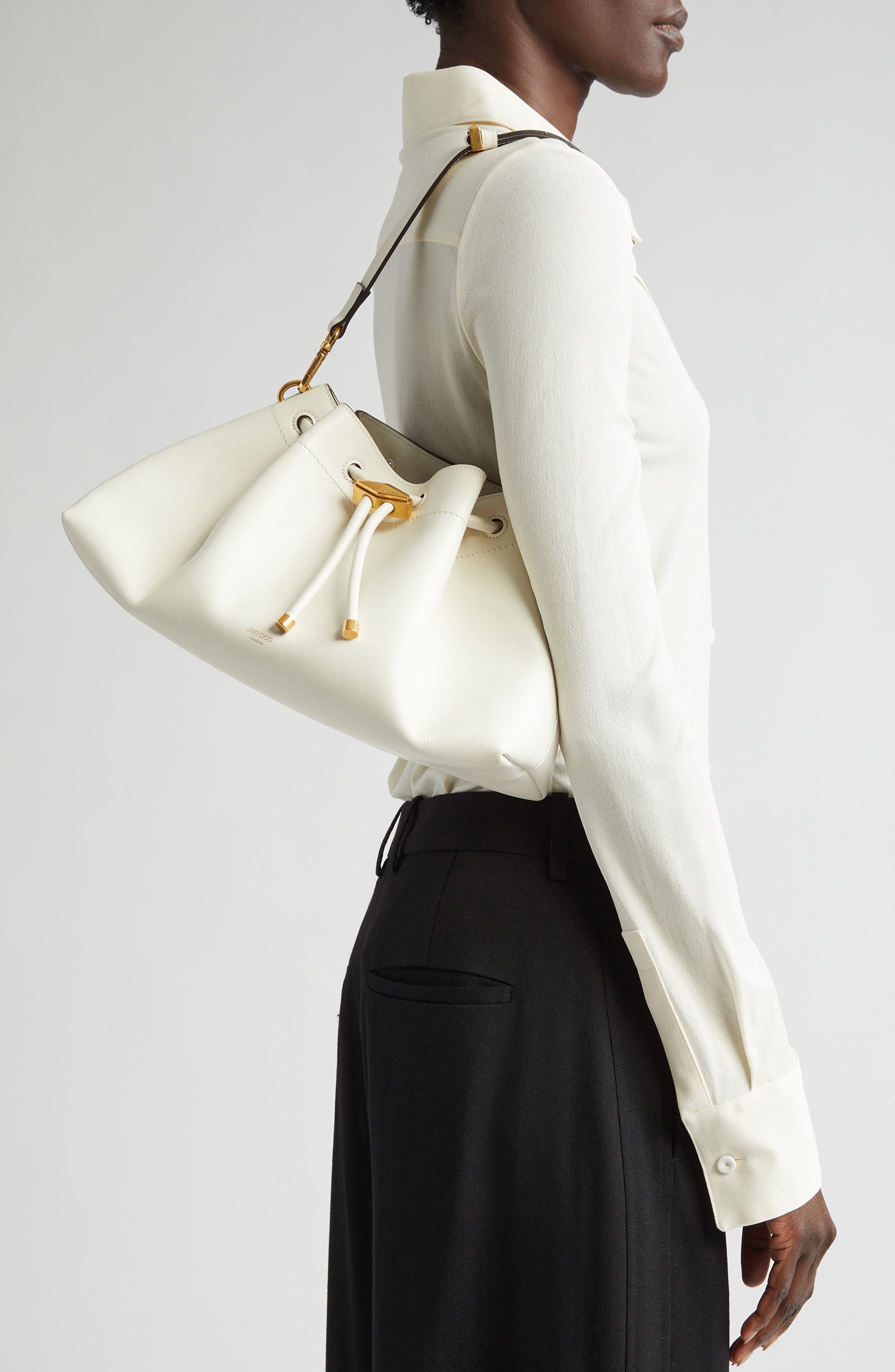 Jimmy Choo Cinch M Leather Bucket Bag in Latte/Gold at Nordstrom - 3
