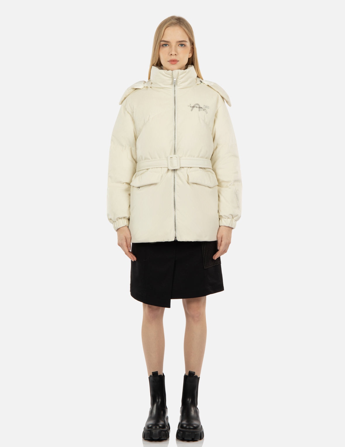 Seagull Embroidery Corduroy Belted Down Jacket - 5