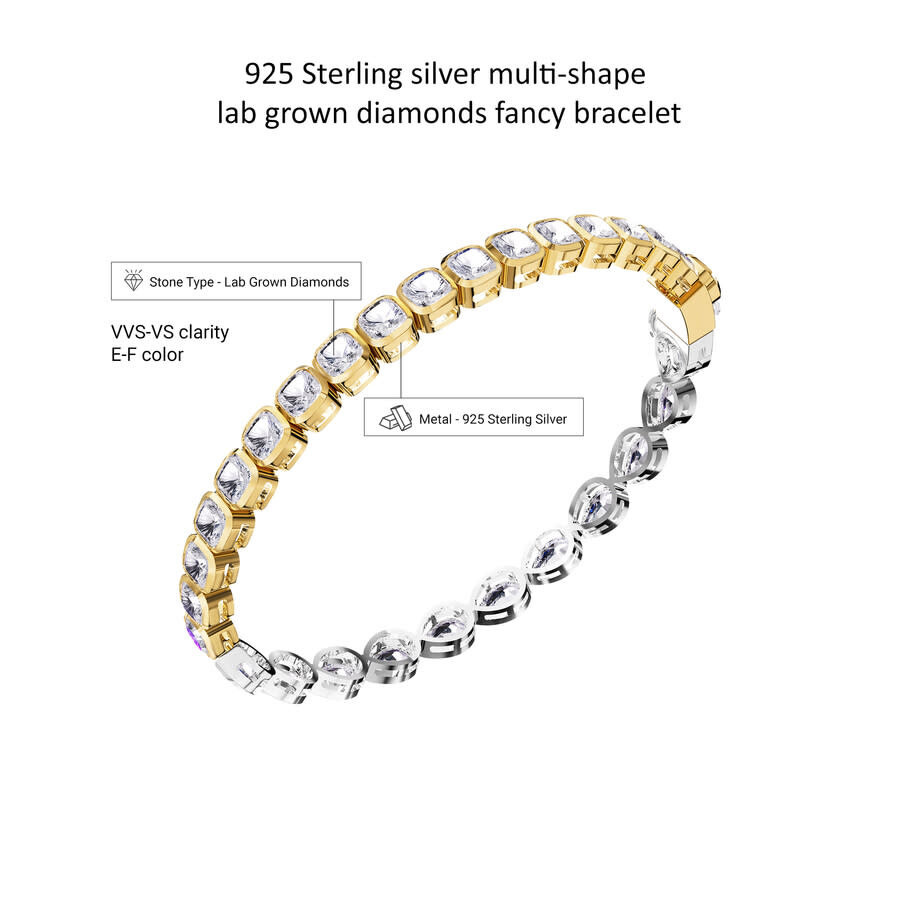 Diamond2Deal - Diamond2Deal 925 Sterling Silver Two-tone 12.6 ct Multi Cut Lab Grown Diamond Tennis Bracelet 7" VVS - 3