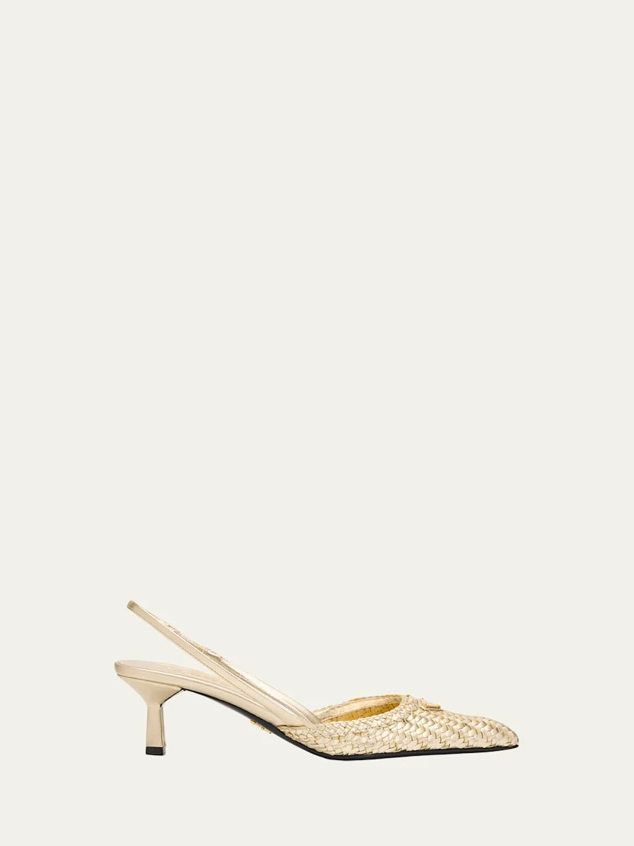 55mm Triangle Logo Woven Leather Slingback Pumps - 1
