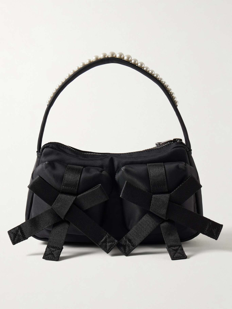 Webbing-trimmed faux pearl-embellished shell shoulder bag - 1