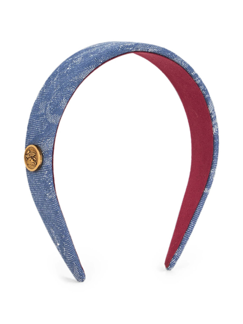 Etro Cotton And Linen Jacquard Denim Hair Band With Leafy Motif 1