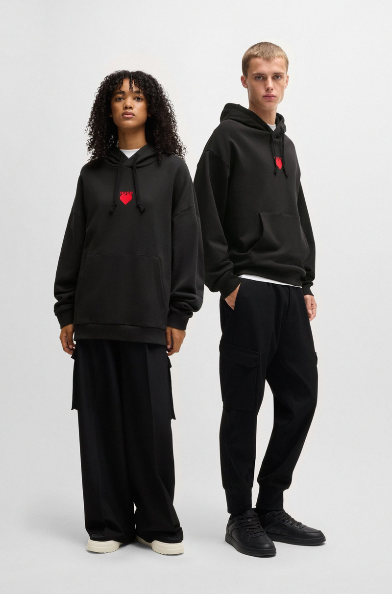 HUGO COTTON-TERRY HOODIE WITH SLOGAN AND HEART GRAPHICS outlook