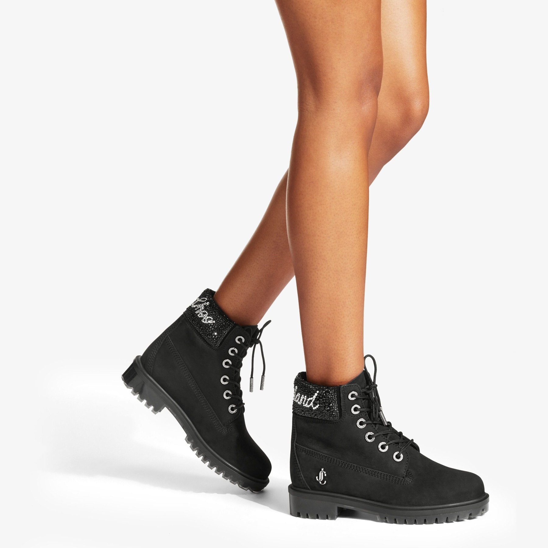 JIMMY CHOO X TIMBERLAND 6 INCH CRYSTAL CUFF BOOT
Black Timberland Nubuck Ankle Boots with Crystal Lo - 2