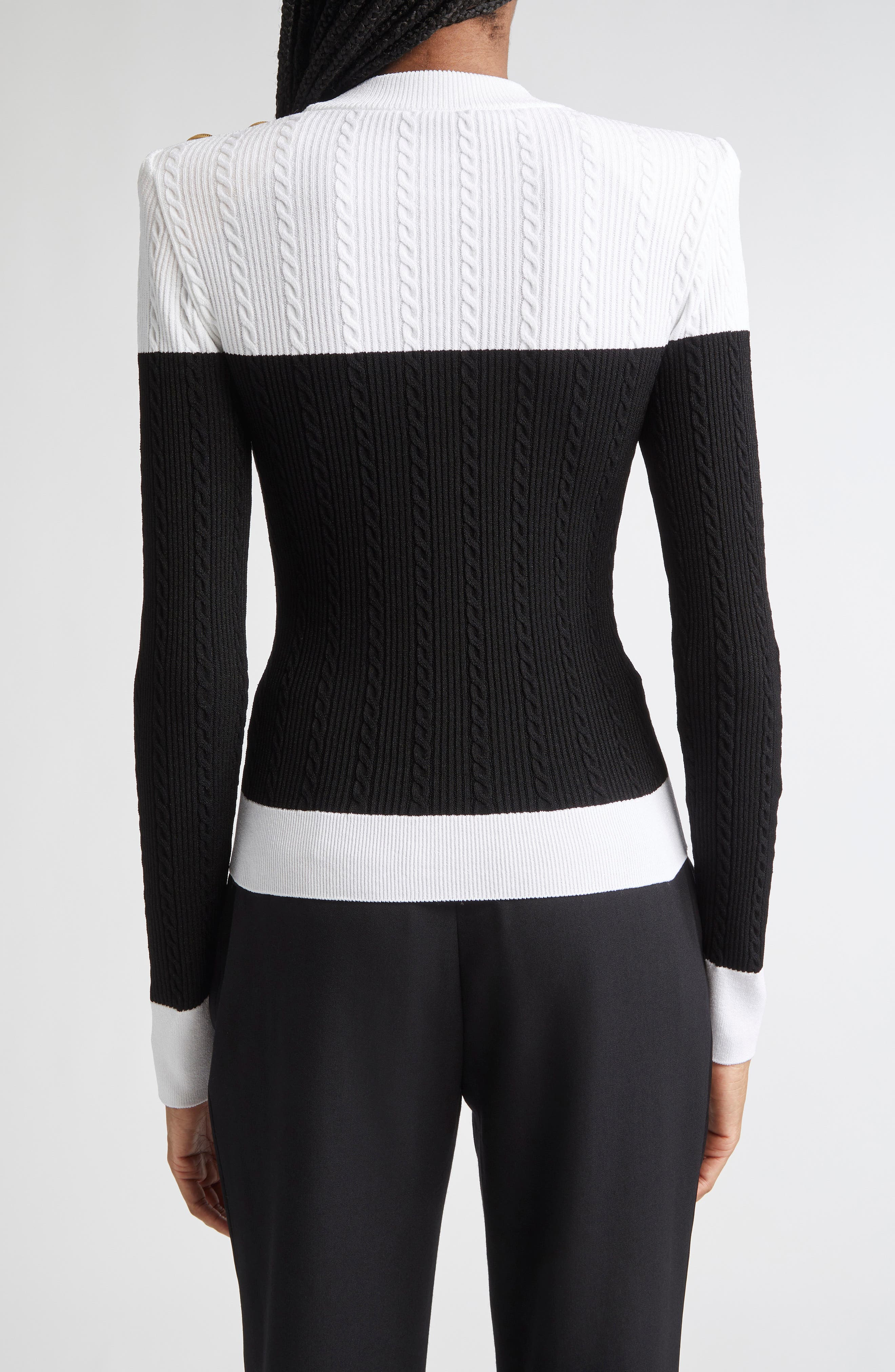 Balmain Twisted Cable Knit Sweater in Black/White at Nordstrom - 3