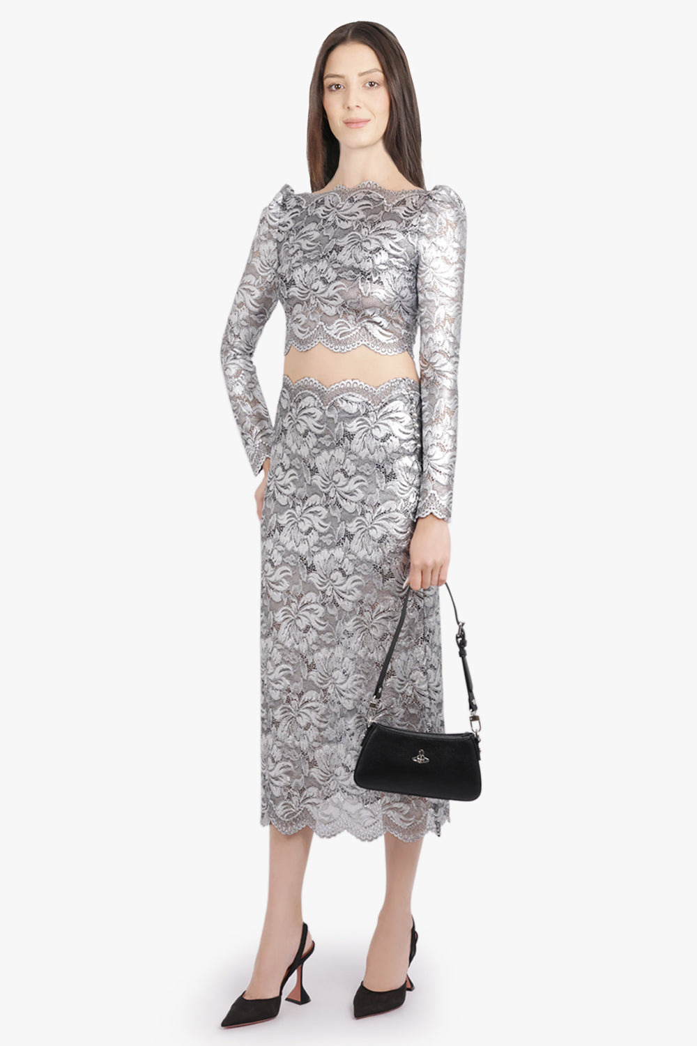 METALLIC CROPPED LACE L/S TOP | SILVER - 2