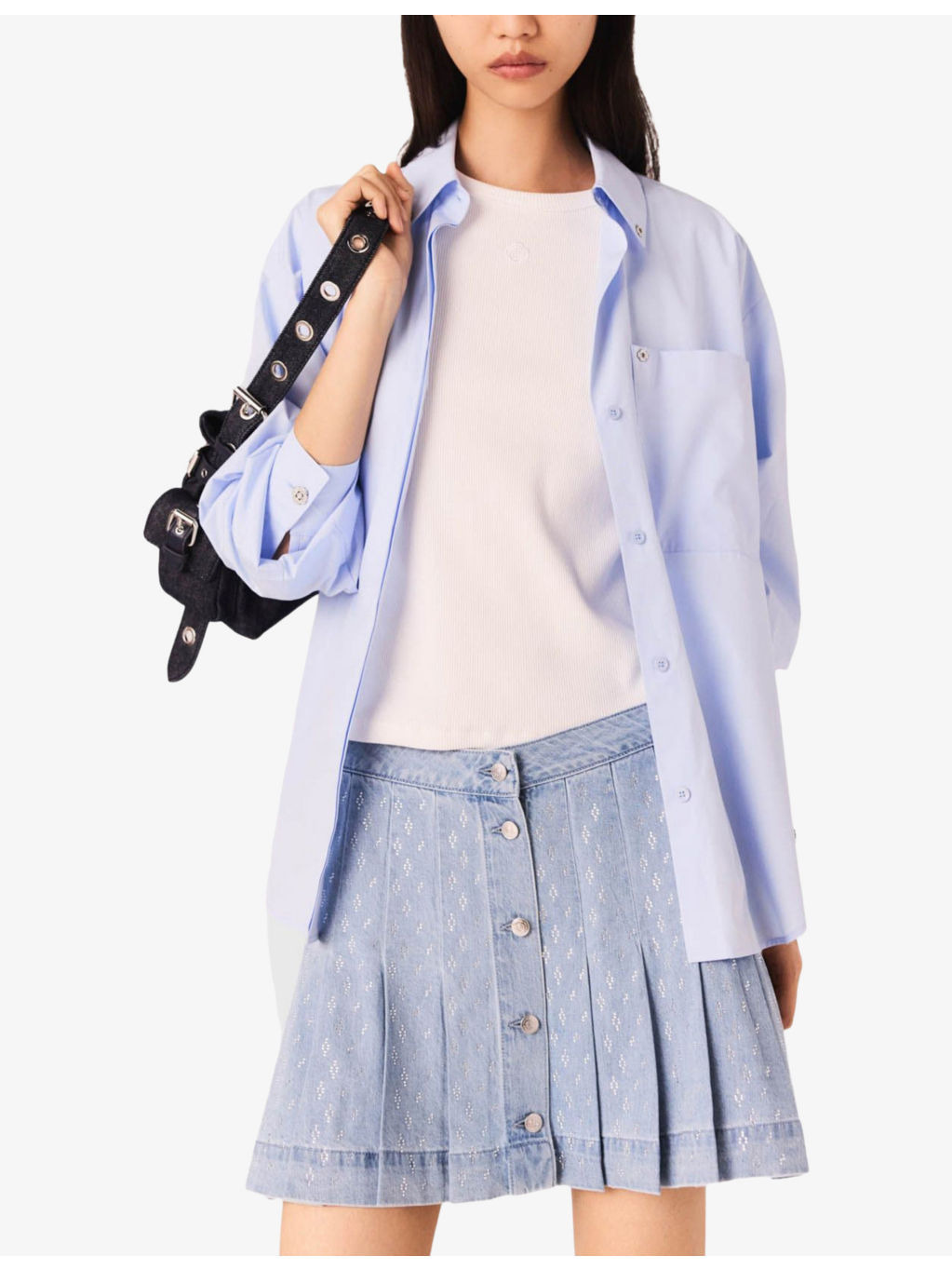 Rhinestone-Embellished Pleated Denim Mini Skirt - 3