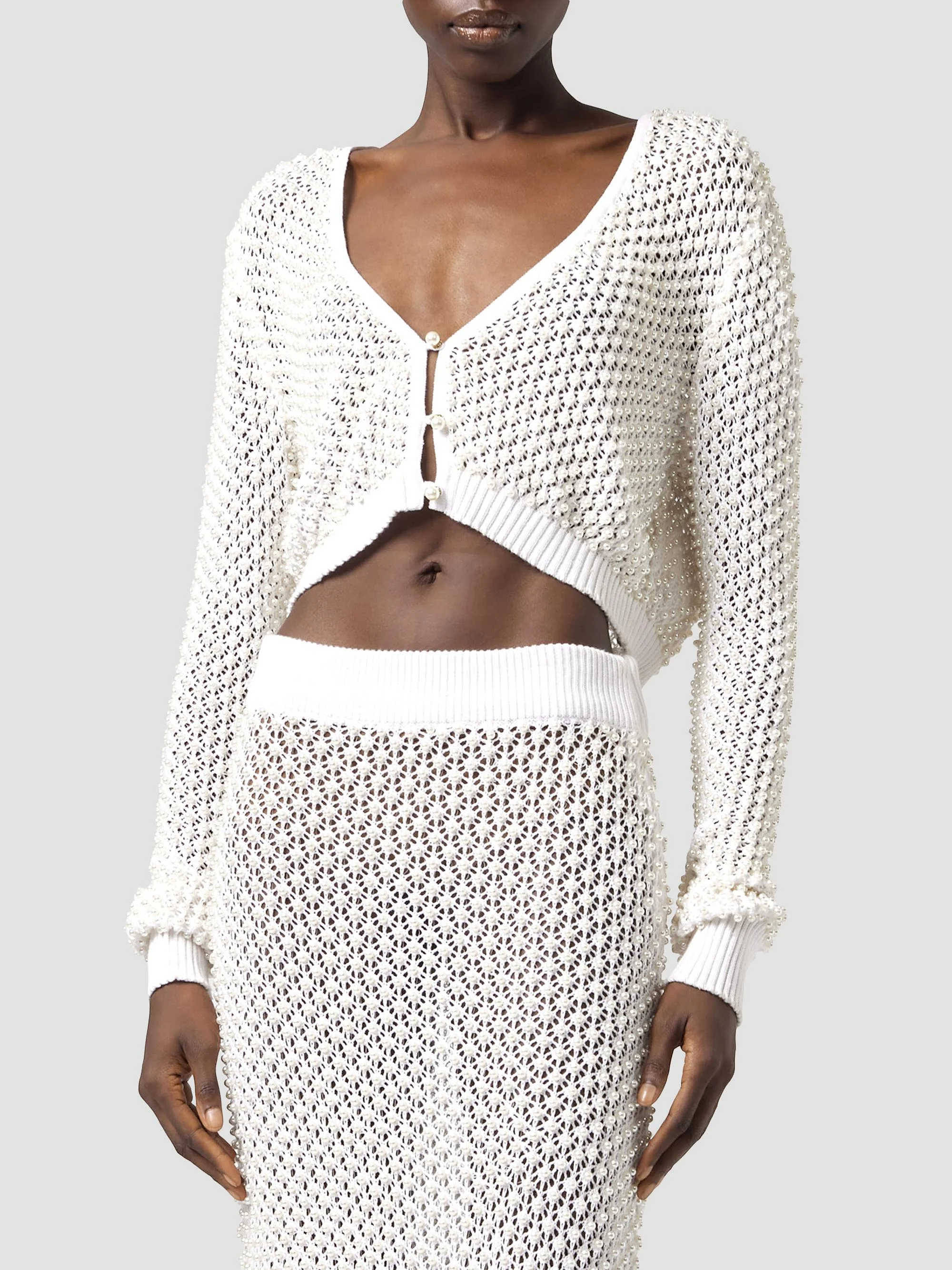Women's Act II: The Fall Of Icarus Maglia Imitation Pearl Crop Knit Cardigan - White - 1