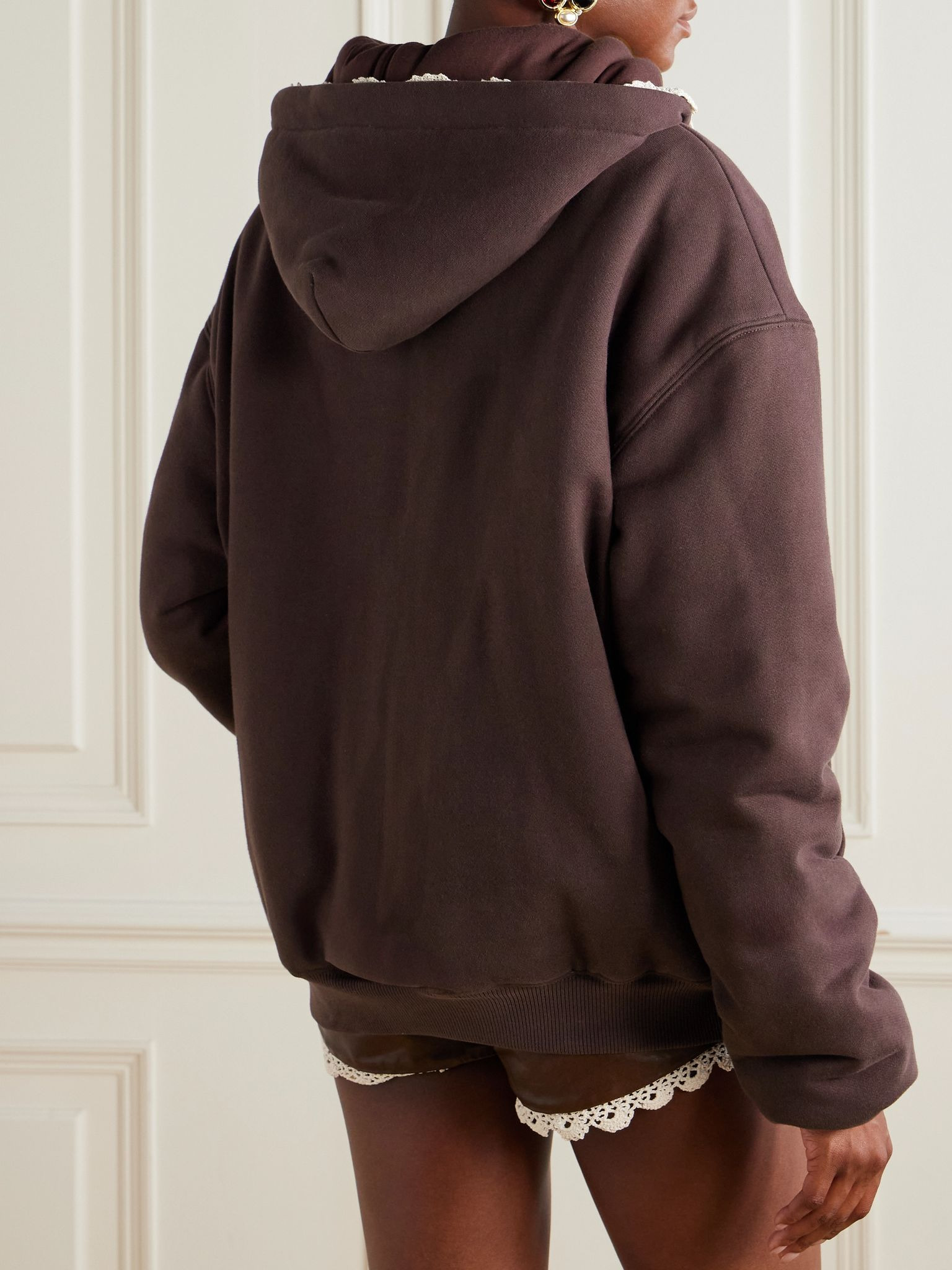 Crocheted lace-trimmed cotton-jersey hoodie Brown - 3