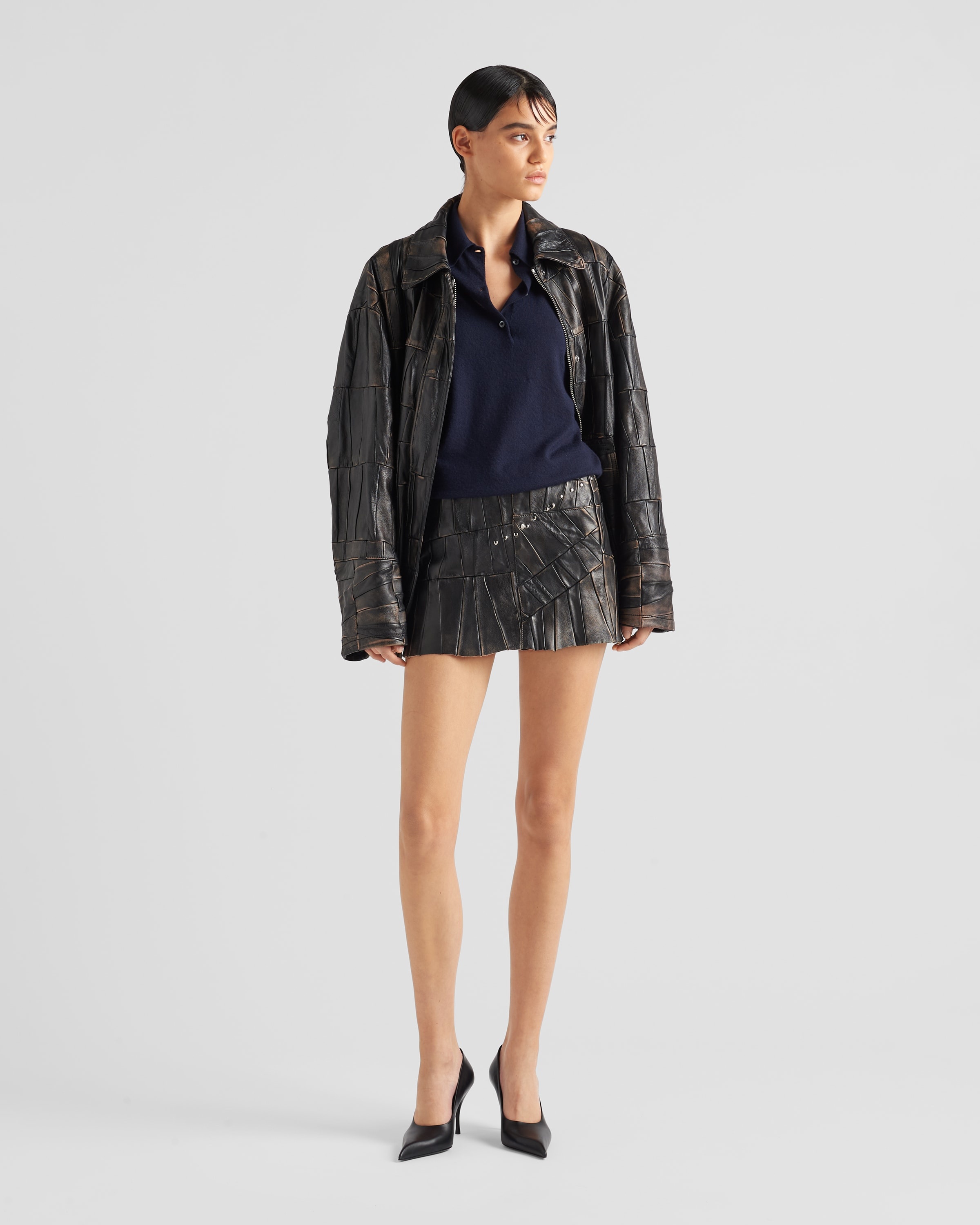 Studded nappa leather patchwork skirt - 2