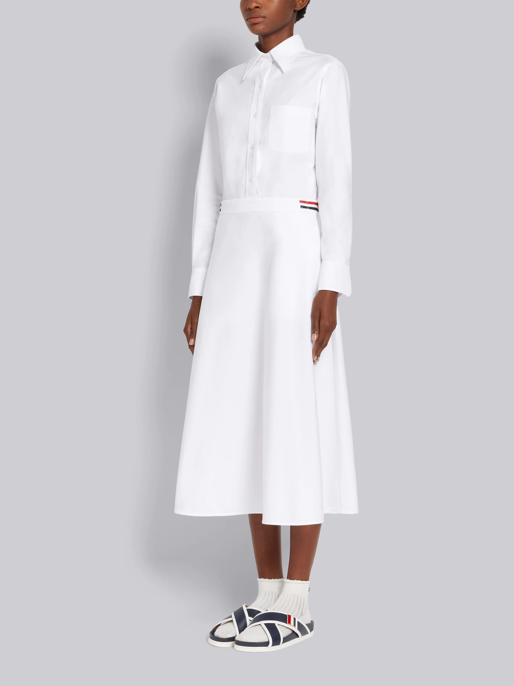 White Oxford High Waisted A-Line Below The Knee Shirtdress - 2