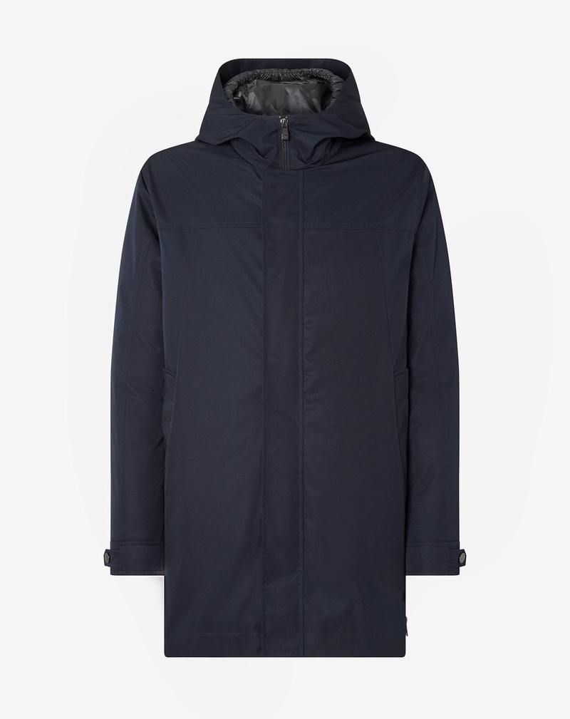 Blue technical fabric caban coat with hood 1