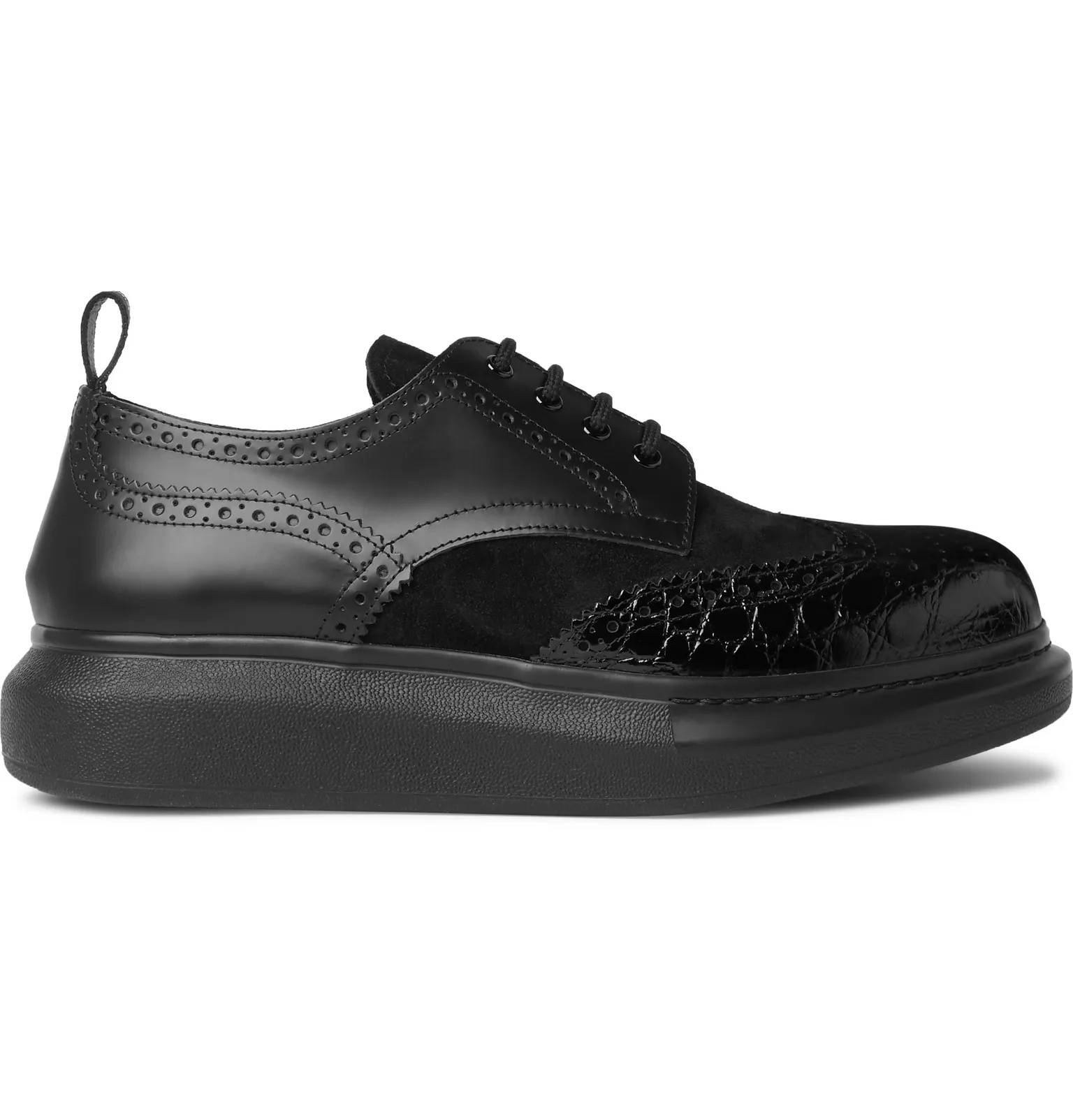 Exaggerated-Sole Suede and Croc-Effect Leather Brogues - 1