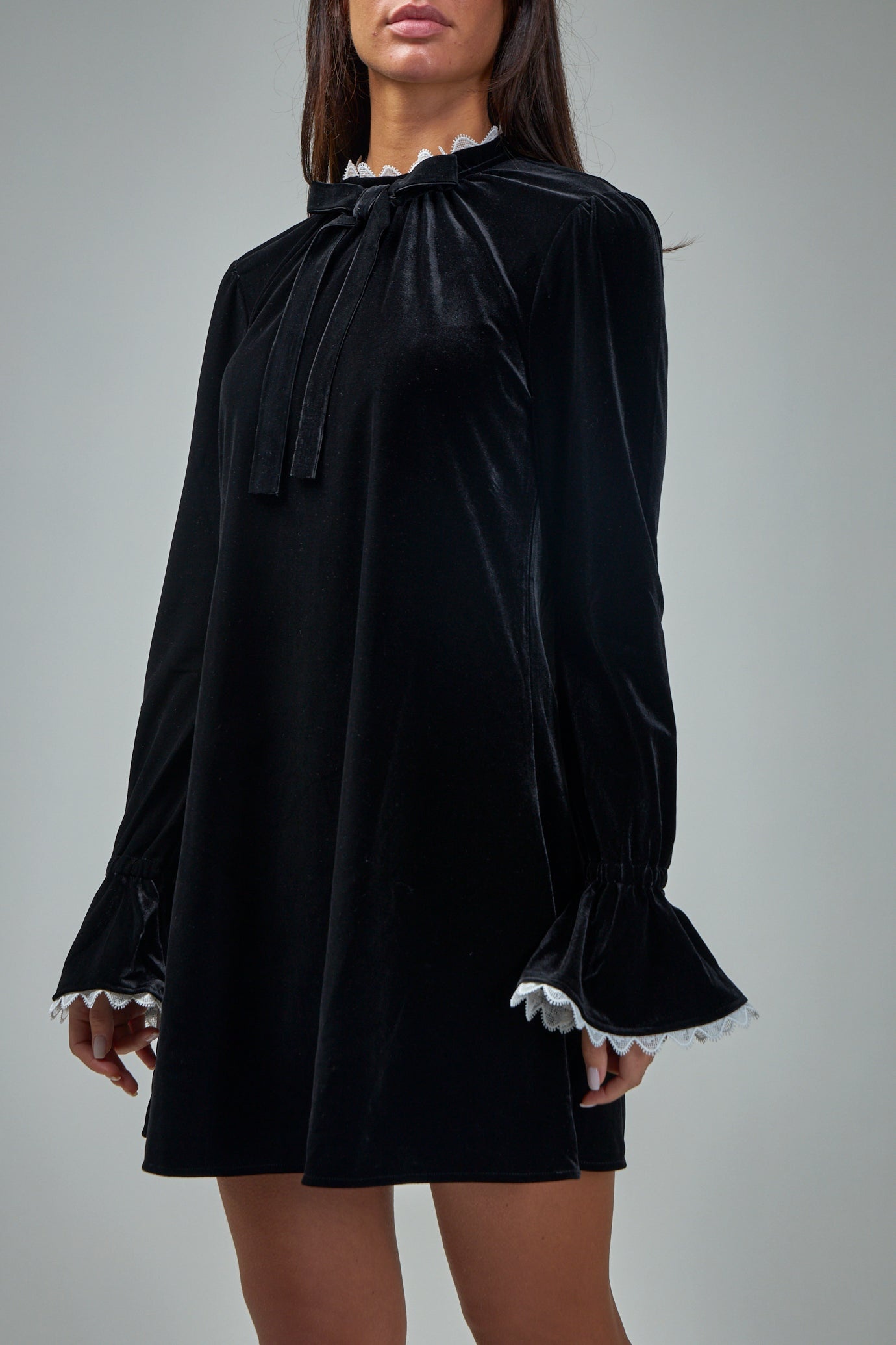 【GANNI】VELVET JERSEY MINI DRESS Black Black Velvet Jersey Gathered Mini Dress | GANNI US