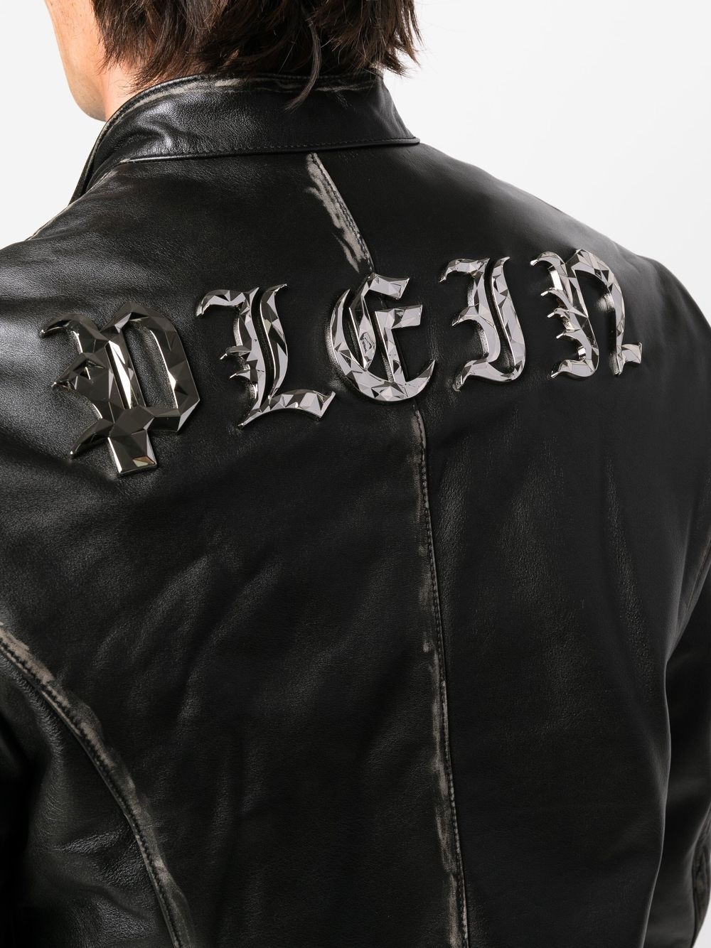 logo-plaque leather biker jacket - 5