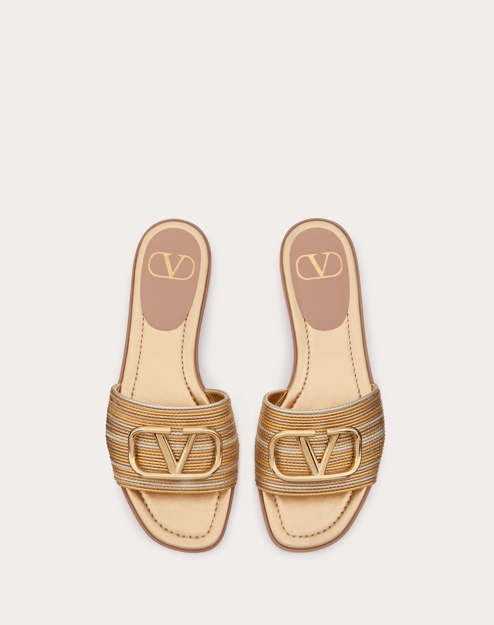 VLOGO SIGNATURE METALLIC LEATHER SLIDE SANDAL WITH CORNELY EMBROIDERY - 4