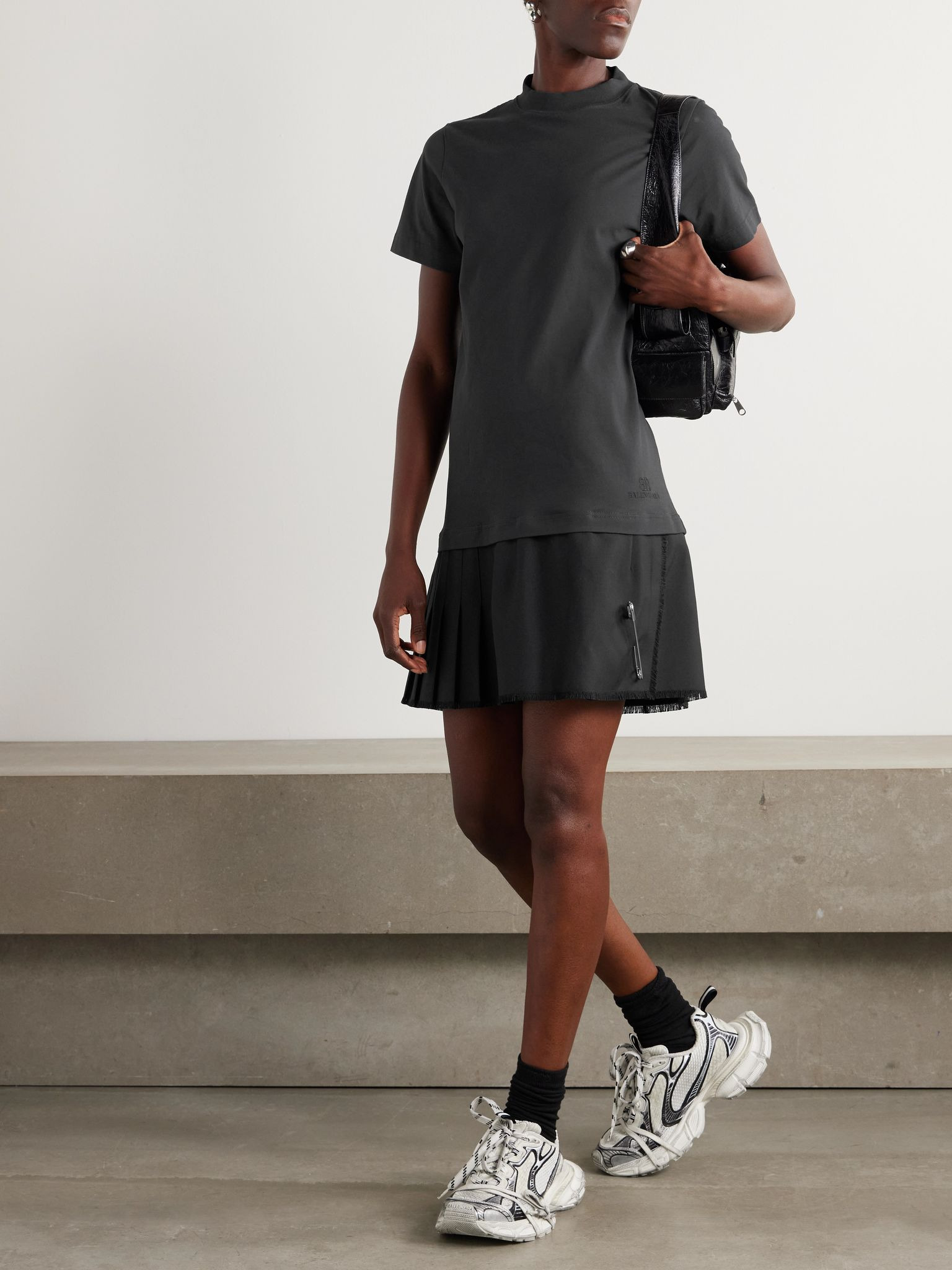 Layered frayed embellished cotton-jersey and wool-blend twill mini dress Dark gray - 2