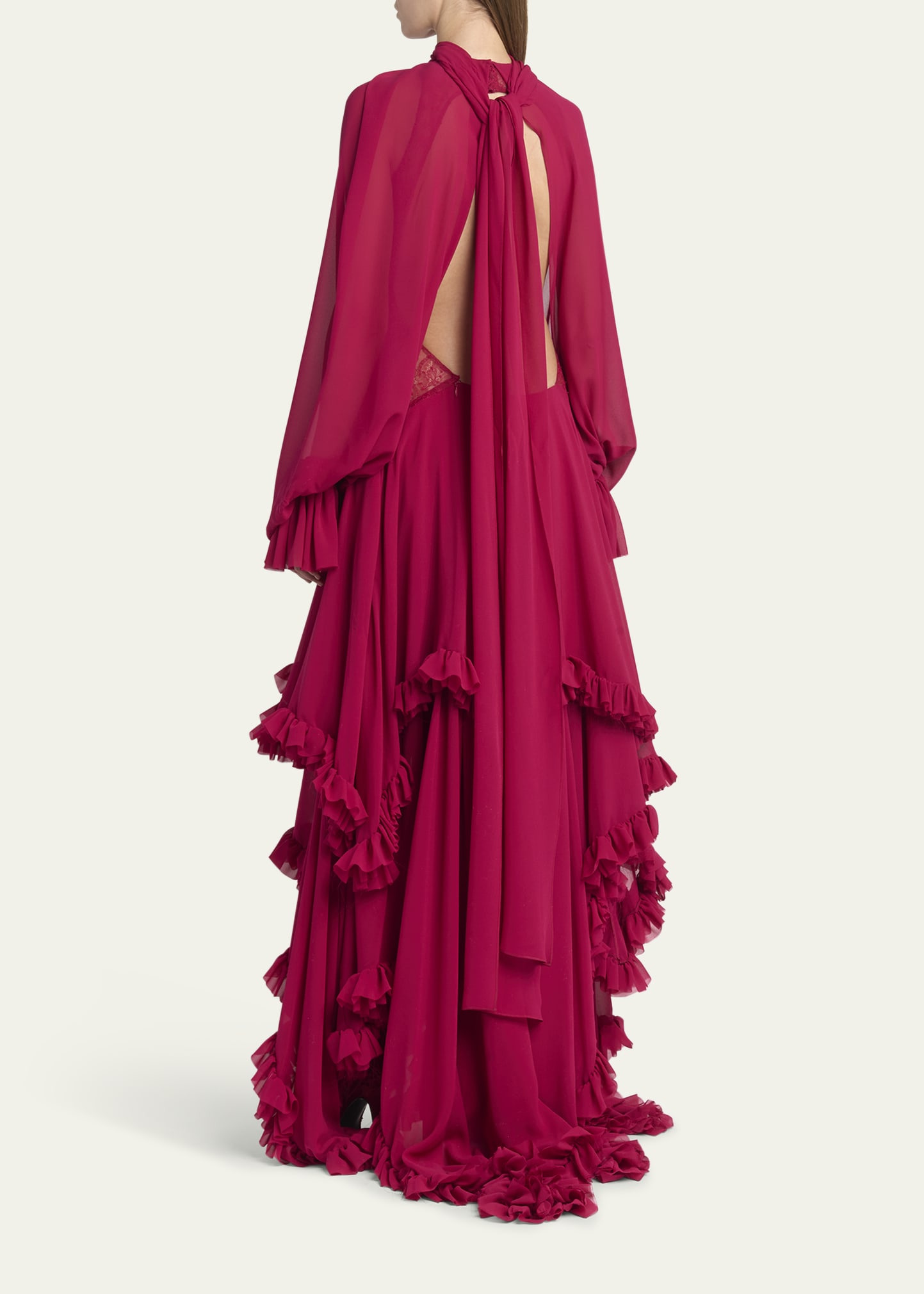 Draped Open-Back Ruffle Cape Gown - 3