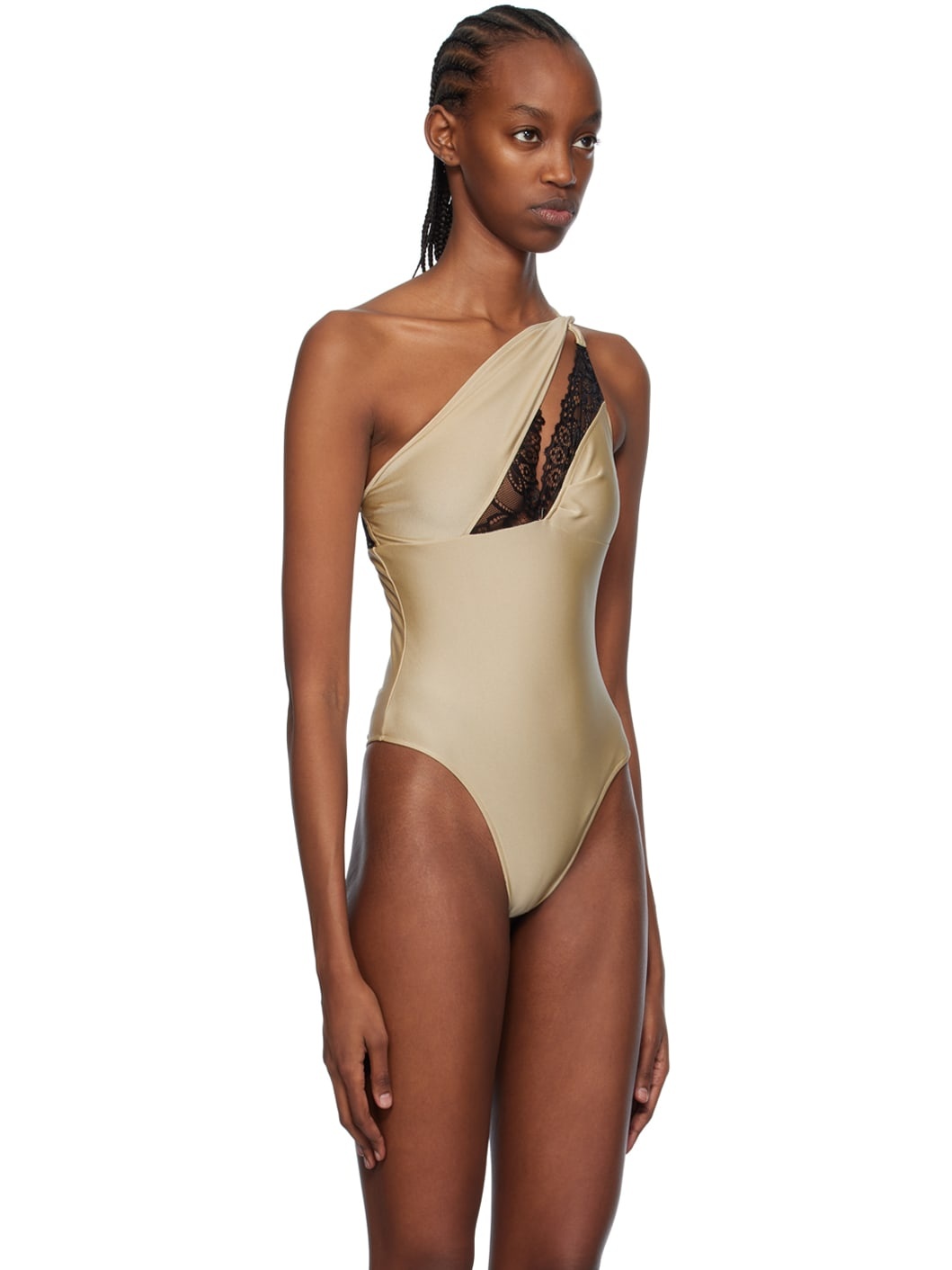Beige Asymmetric Bodysuit - 4