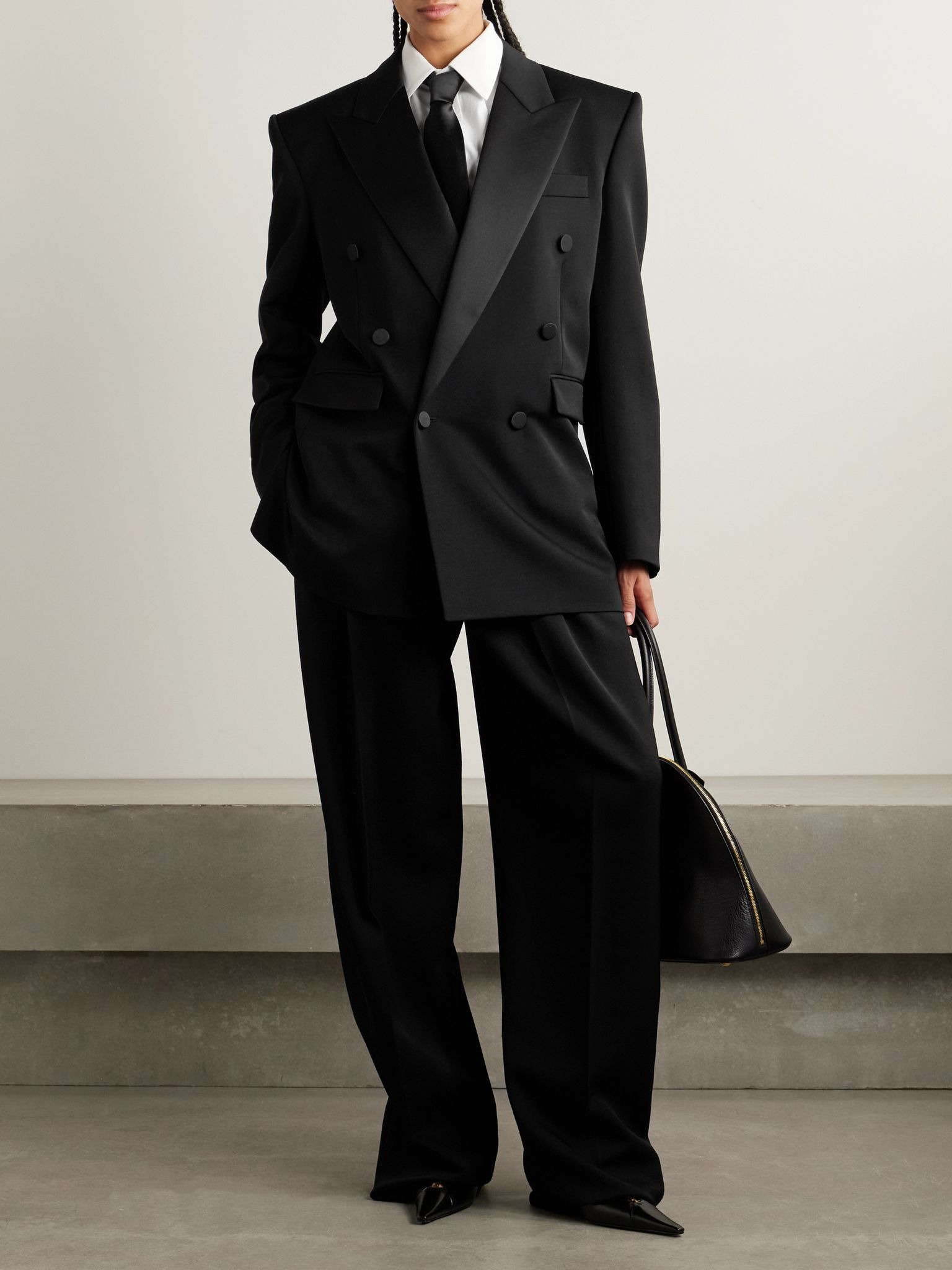 Double-breasted satin-trimmed wool blazer Black - 2