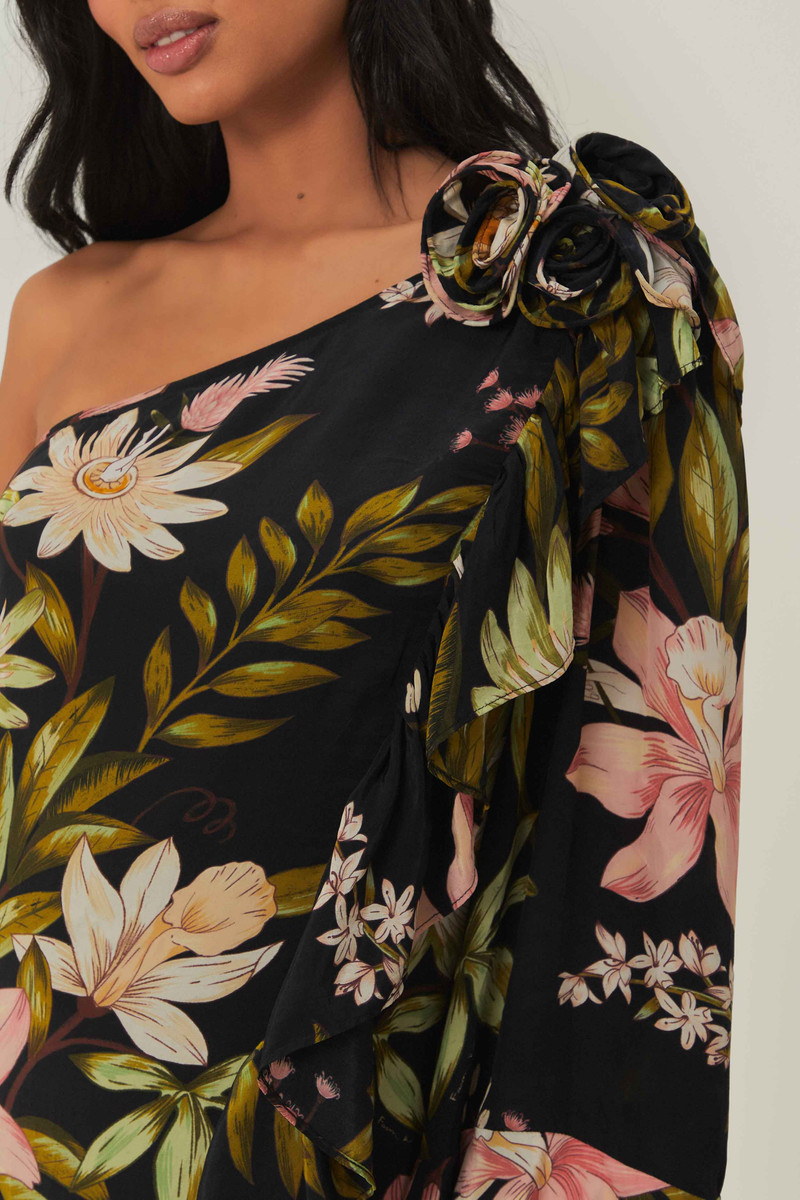 Black Surreal Flowers One-Shoulder Maxi Dress 3